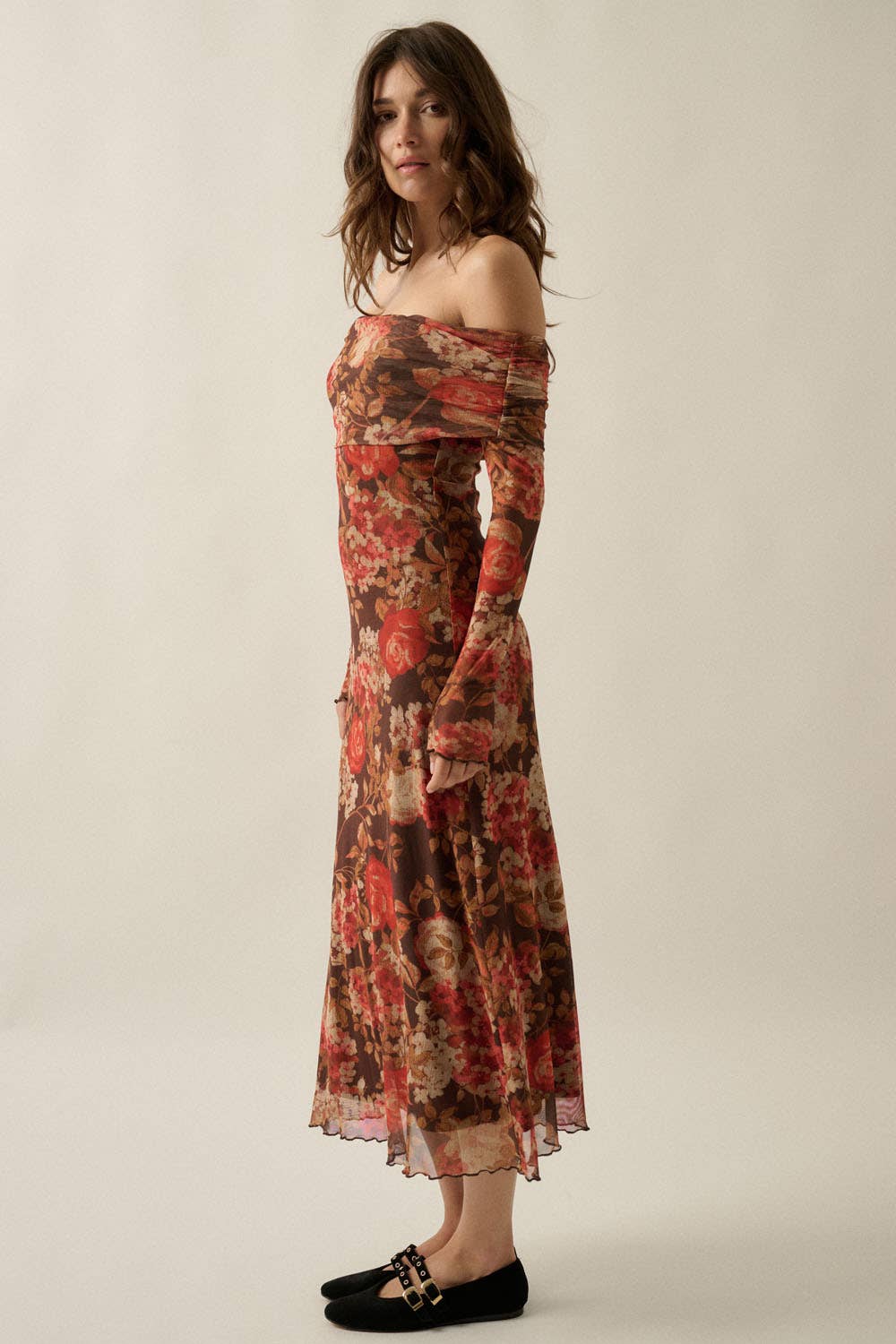 Floral Mesh Off-Shoulder Foldover Long-Sleeve Midi Dress
