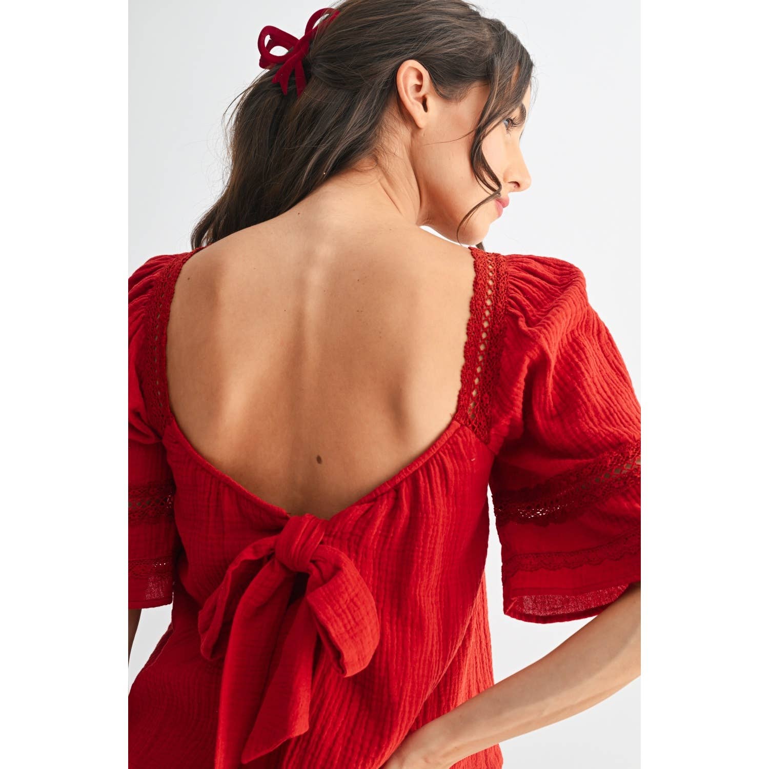 SCARLET LACE-TRIMMED RED BLOUSE