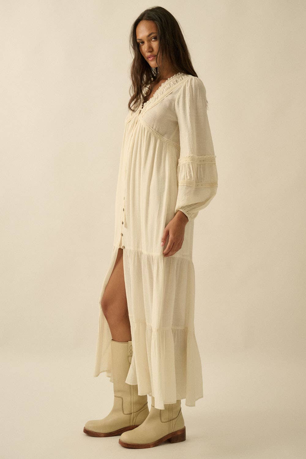 Tonal-Stripe Lace-Trim Button-Front Maxi Dress
