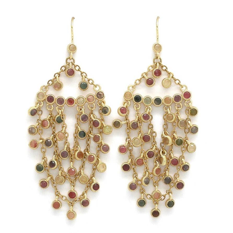 Tourmaline Chain Chandelier Earrings with gold-tone chains and multicolored tourmaline stone accents for a boho statement look
