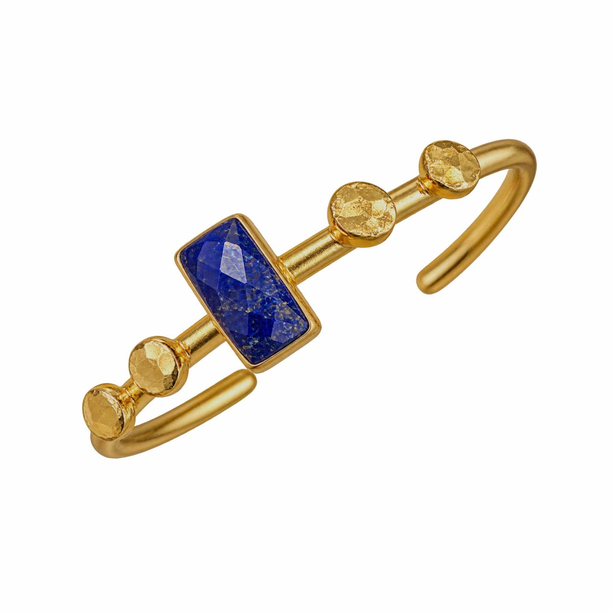 Harem Lapis Lazuli Bangle with gold tone metal and a polished blue lapis lazuli centerpiece