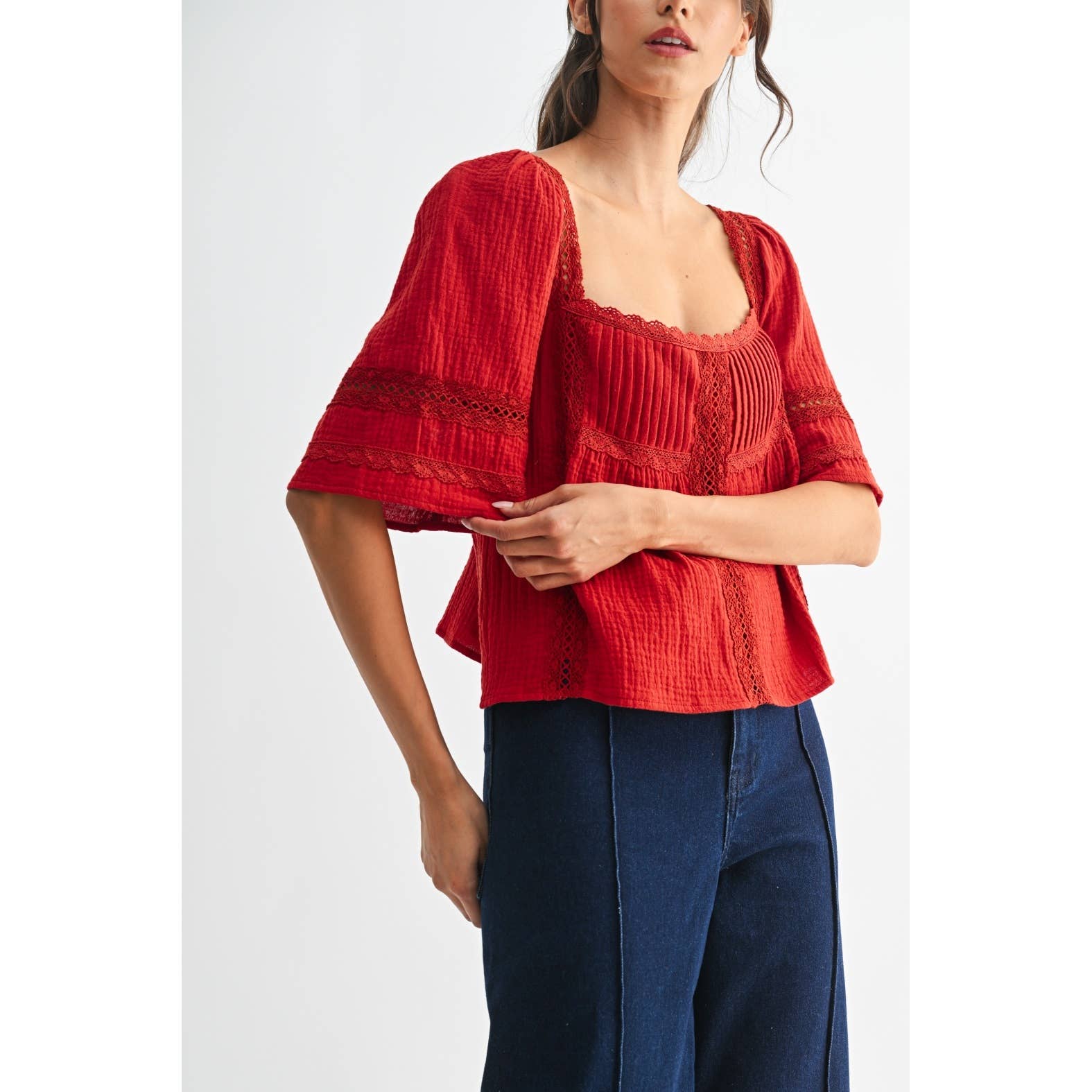 SCARLET LACE-TRIMMED RED BLOUSE