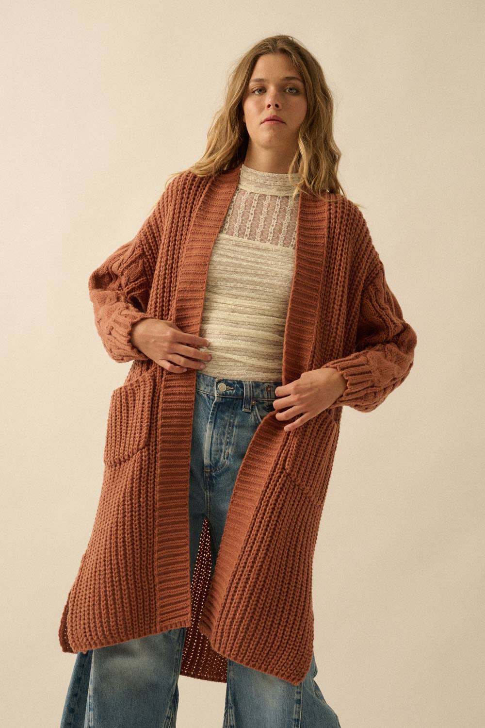 Solid Rib Knit Open Front Cable Knit Cardigan