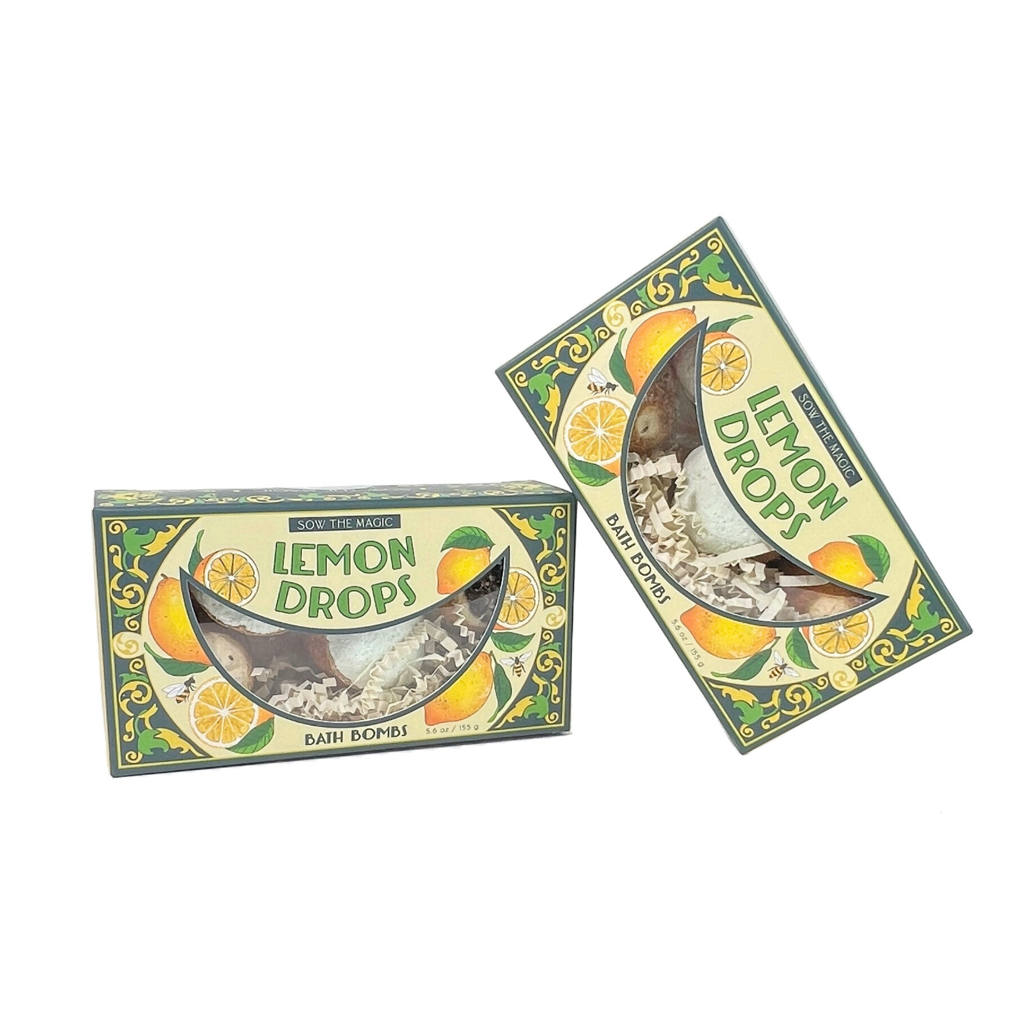 Natural Lemon Drop Bath Bomb Gift Set made with Lemon + MInt in decorative boxes with lemon illustrations and shredded paper filling
