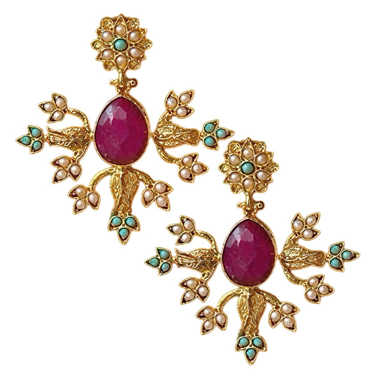 Sevil Ruby Pearl and Turquoise Motif Earrings with ornate gold tone floral details and vibrant gemstone accents
