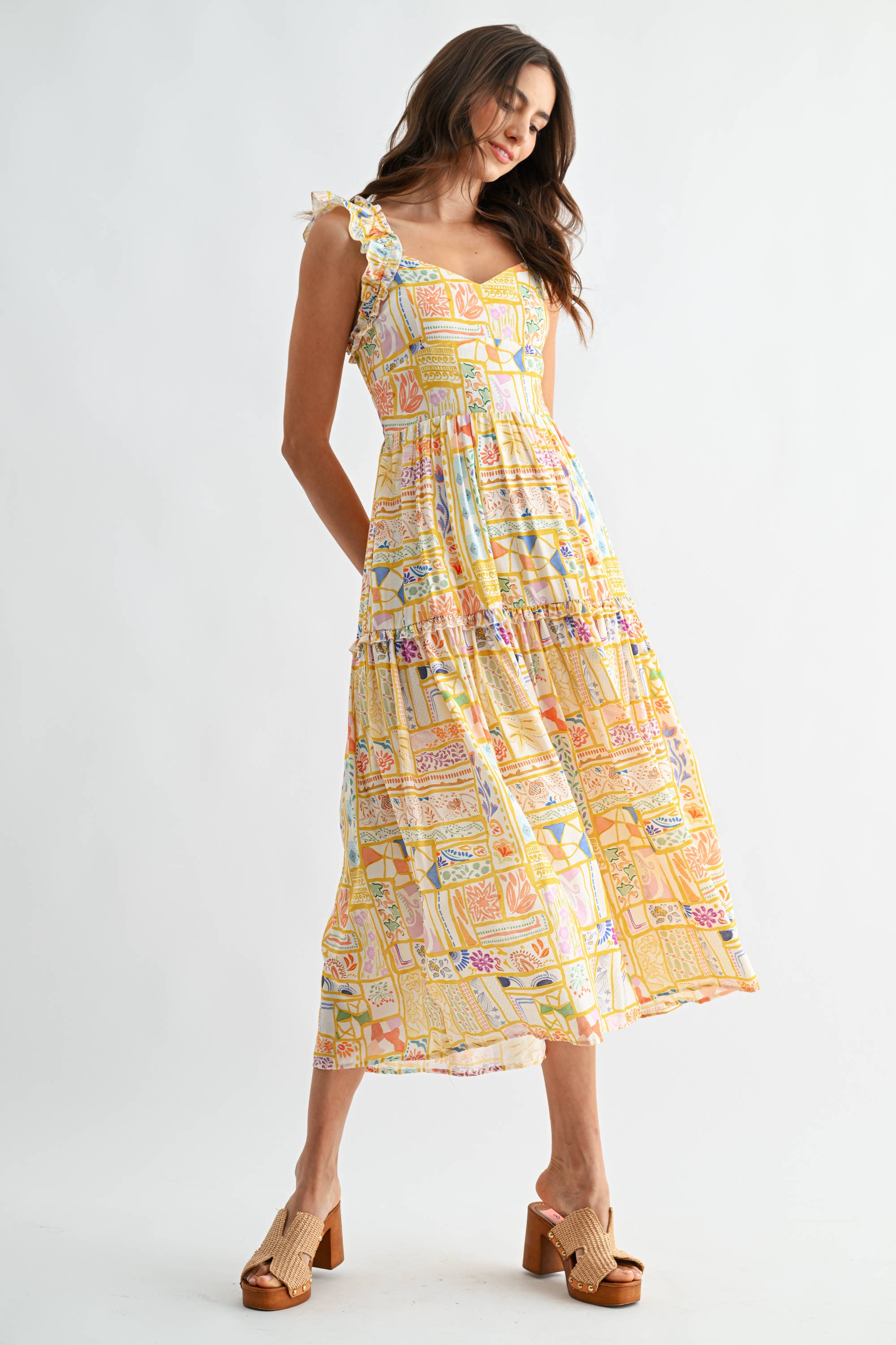 Patchwork Print Ruffle Strap Midi Dress