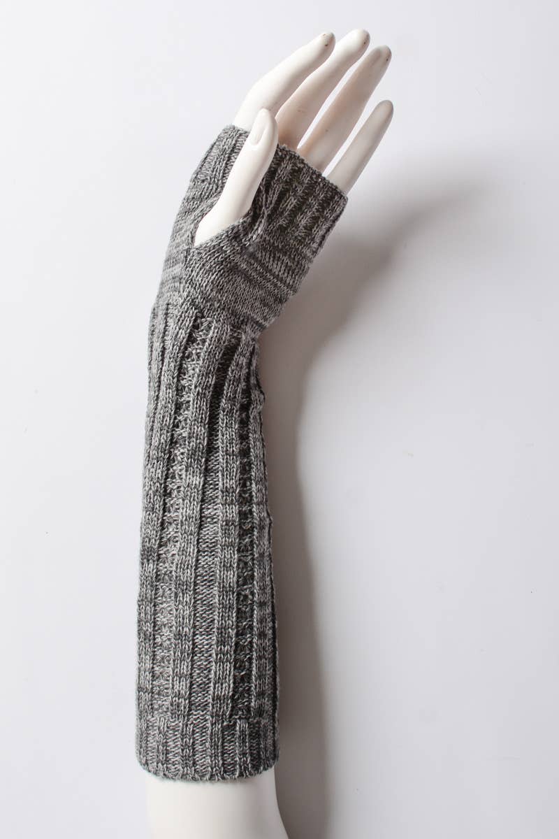 A mannequin hand models Leto Accessories' Ribbed Arm Warmers in gray, featuring a long, ribbed knit design that extends from the wrist to the forearm, styled against a plain white background.