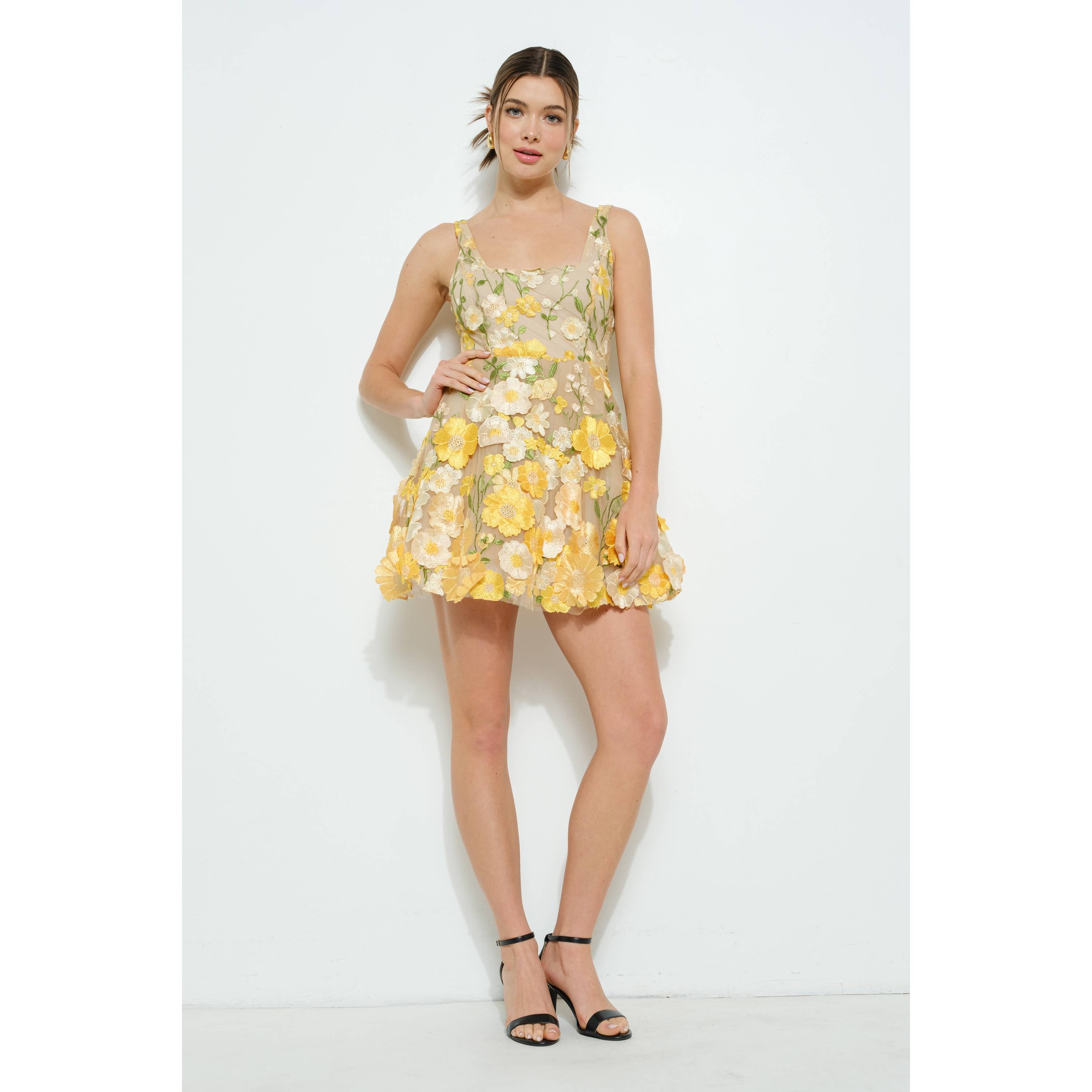 Sleeveless 3D Floral Embroidered Mini Dress