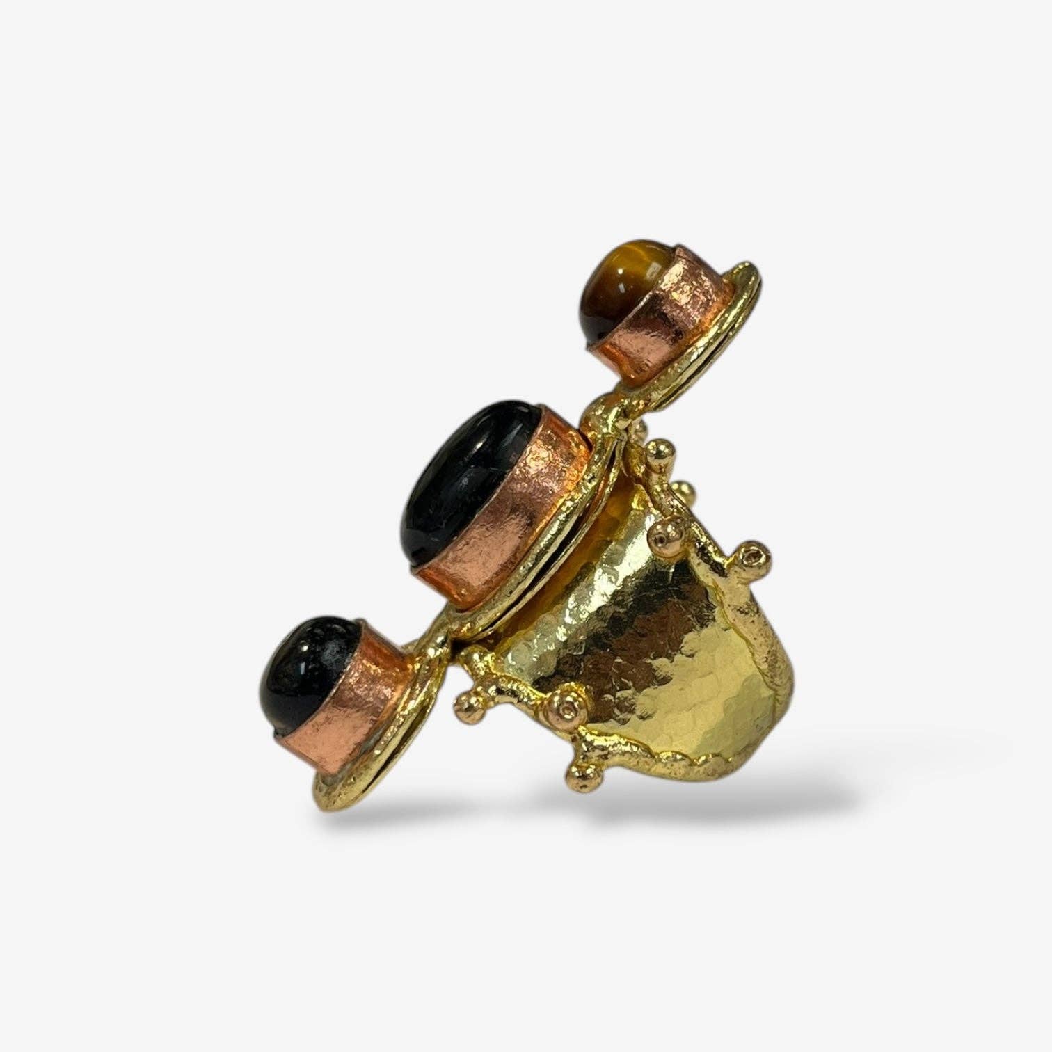Aurora Luxe Gemstone Ring with hammered gold band and three polished stones in copper settings, bold artisan design