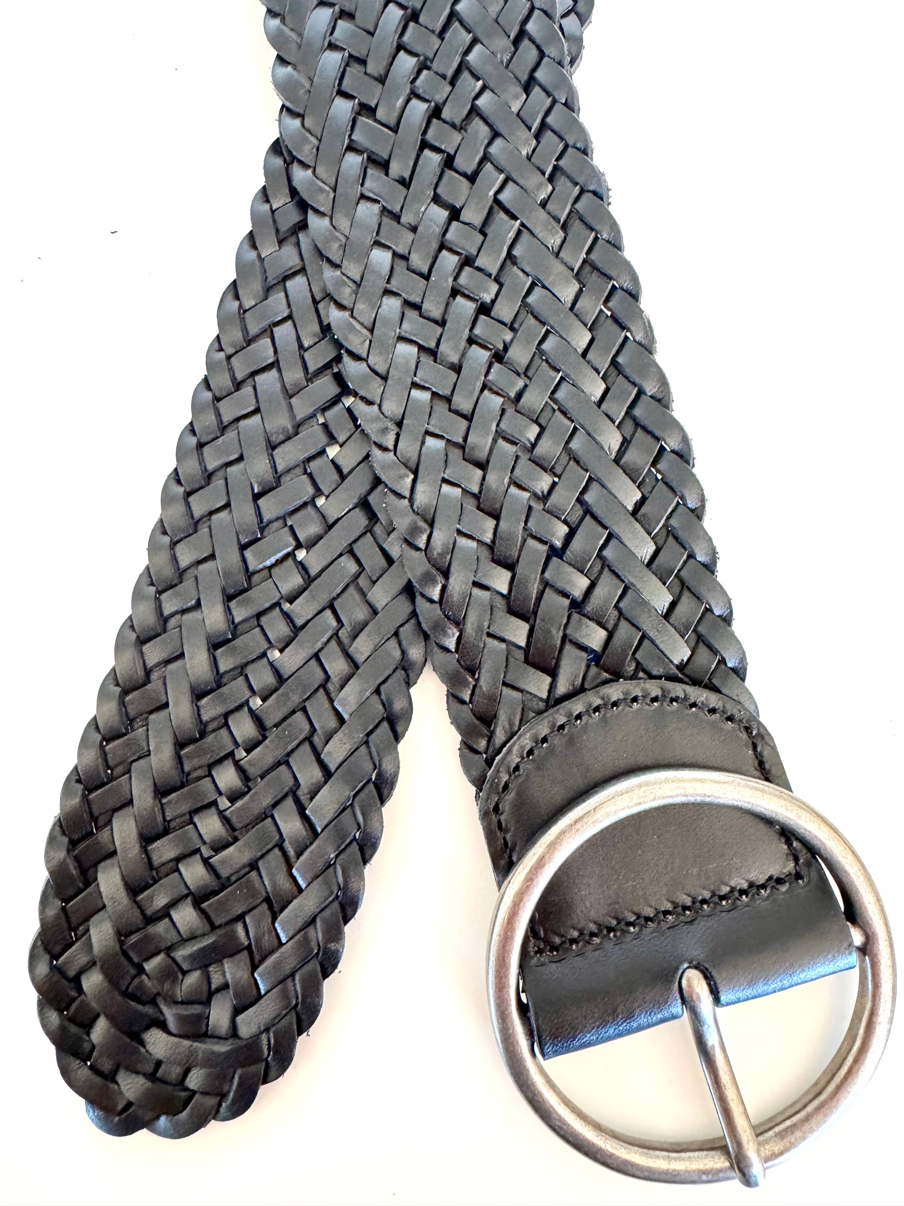 A close-up of the Ginger Blue Classic Wide Braided Leather Belt in Black, featuring a vintage silver buckle, displayed on a white background.