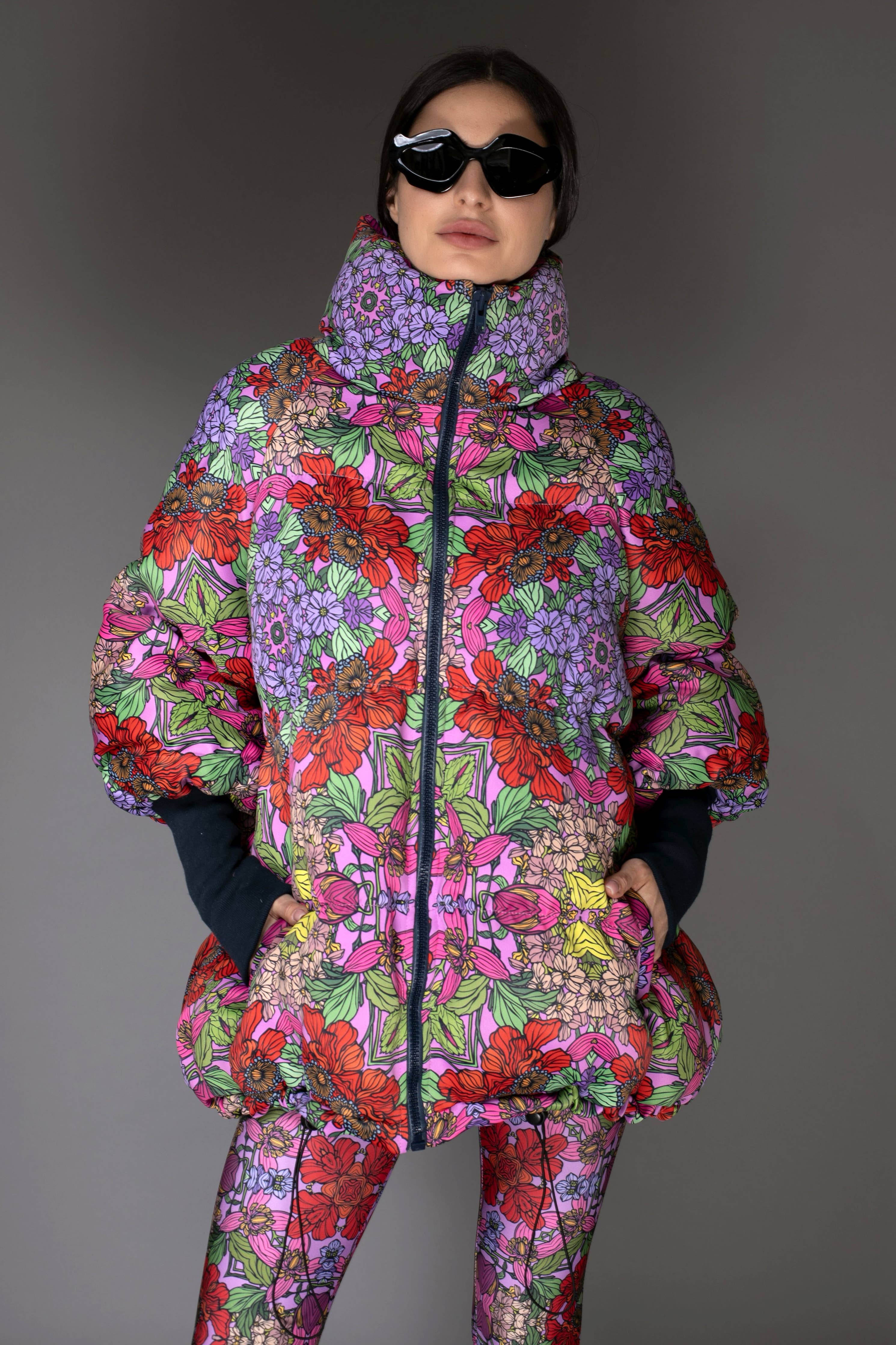 Floral Red Stand-Up Collar Puffer Jacket