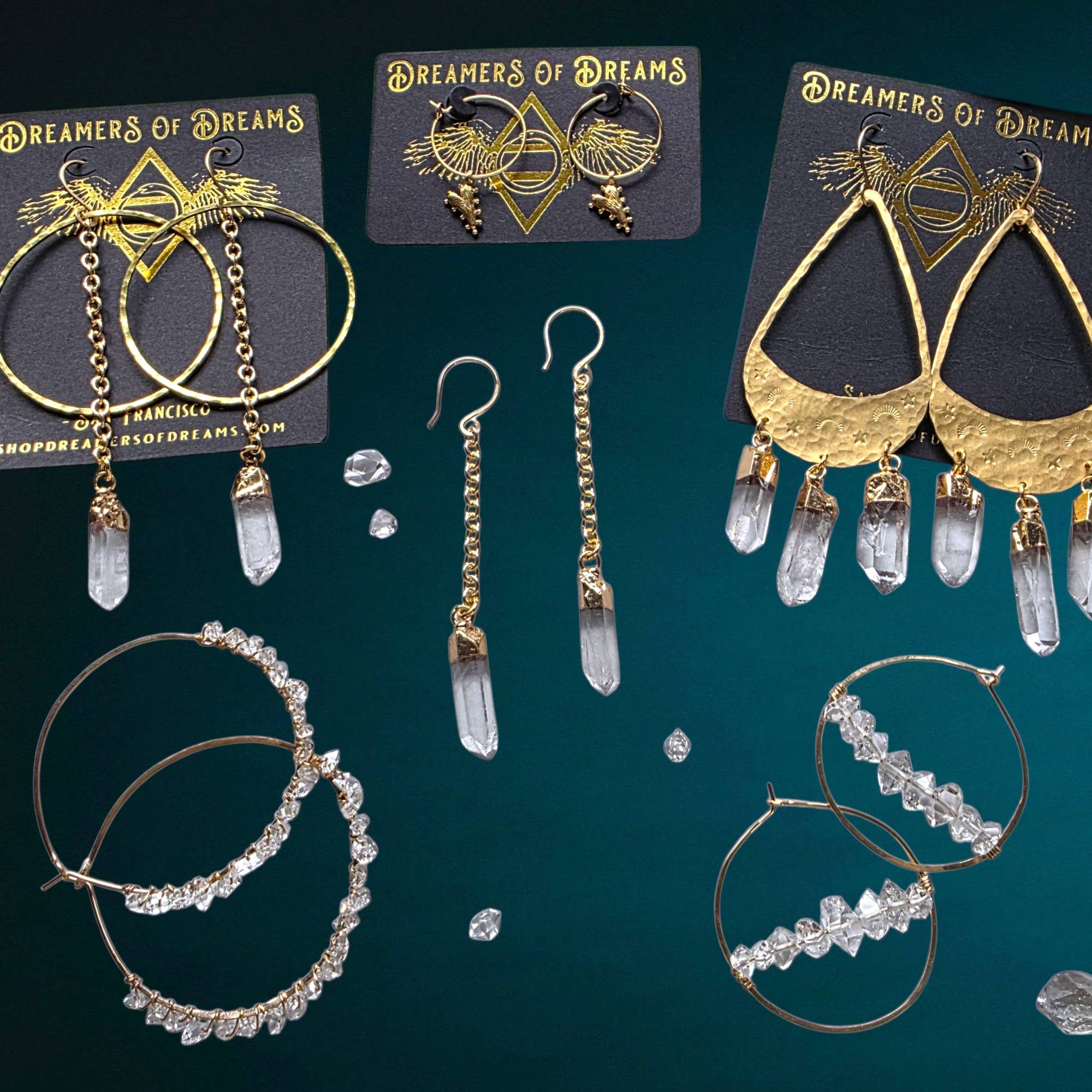 Quartz + Chain Gold Pendulum Hoops