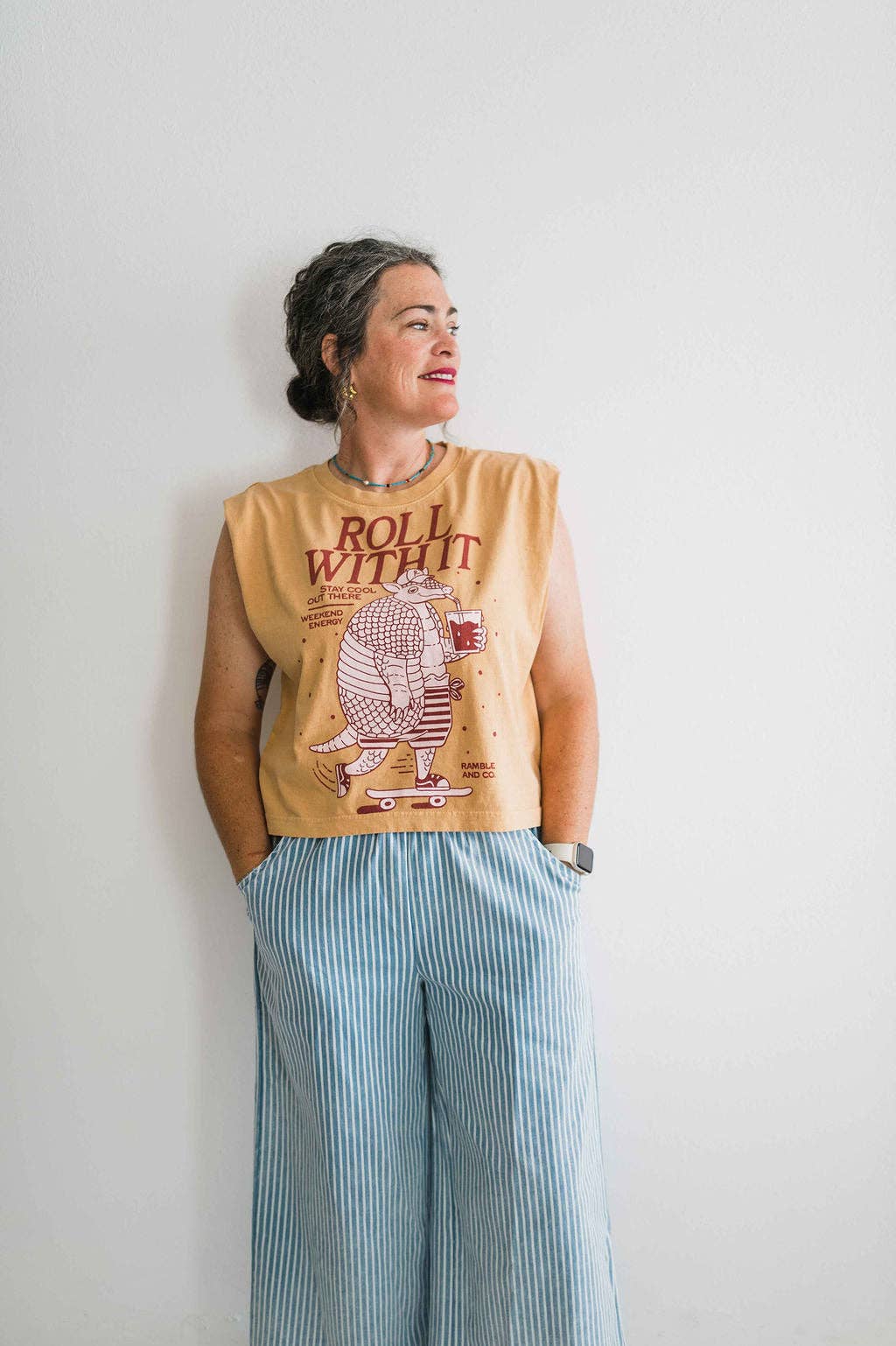 Roll with it armadillo | faded mustard boxy muscle tee
