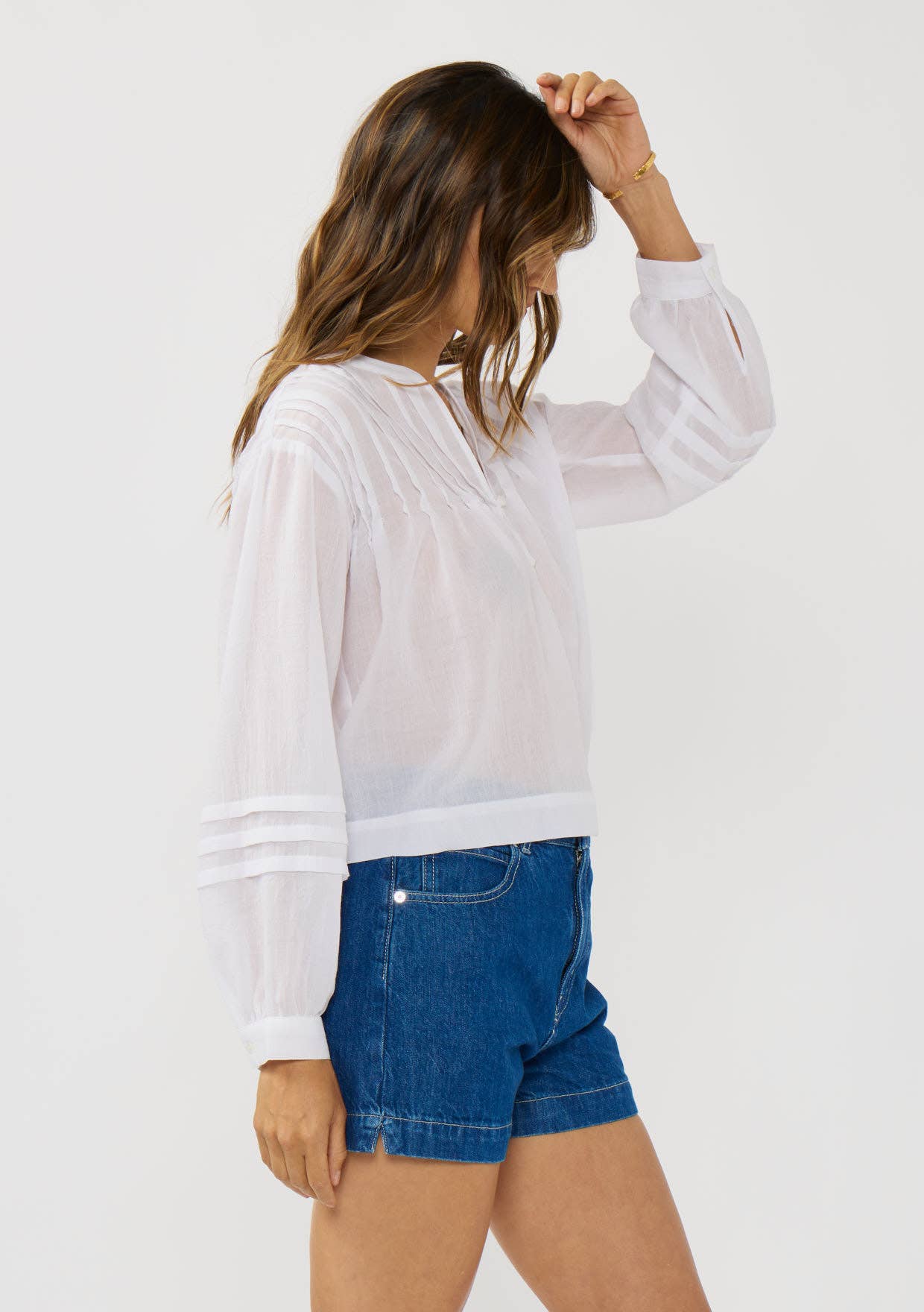 Pintuck Pleated Button-Down Blouse: BLACK / S