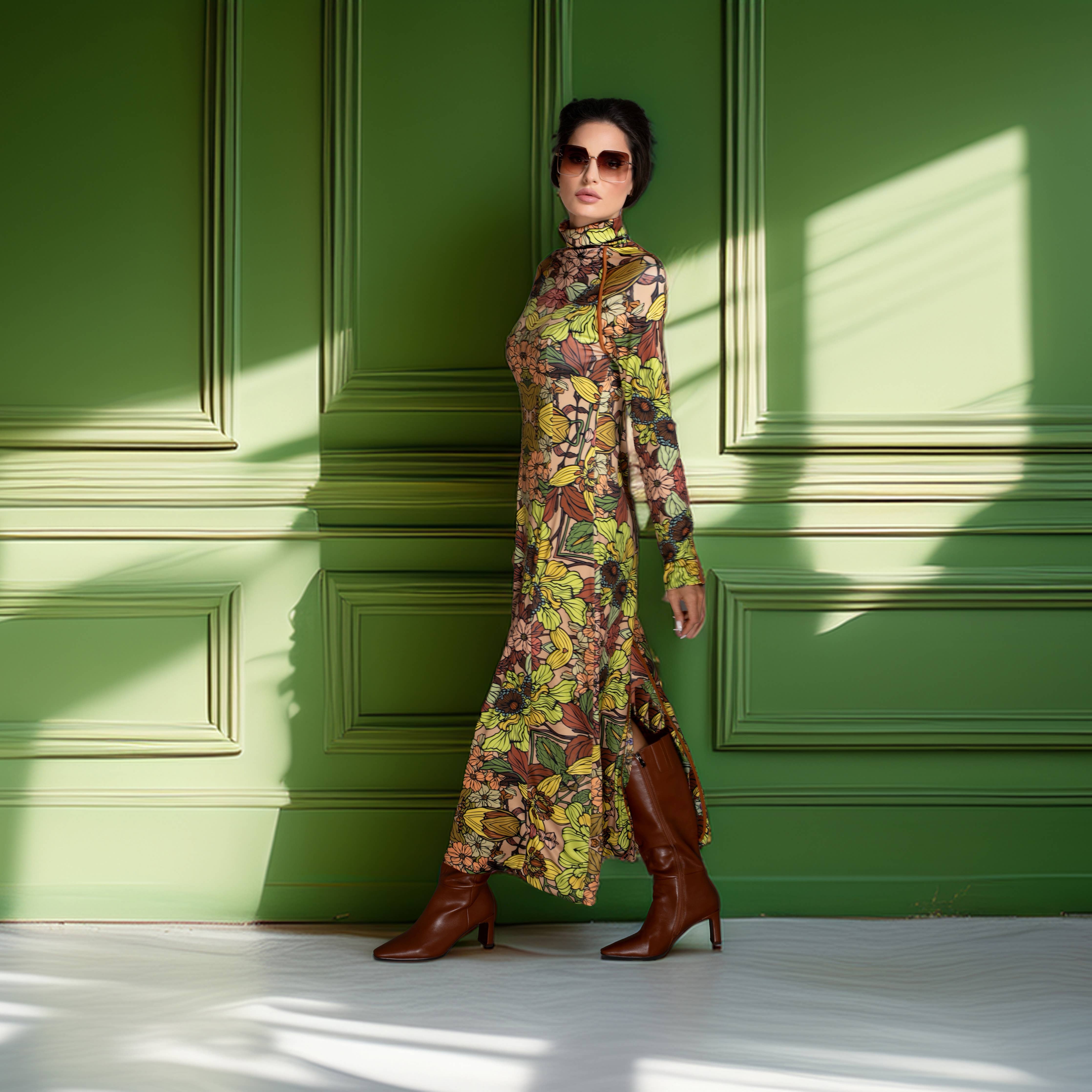 Golden Floral Long Sleeve Turtleneck Maxi Sweater Dress