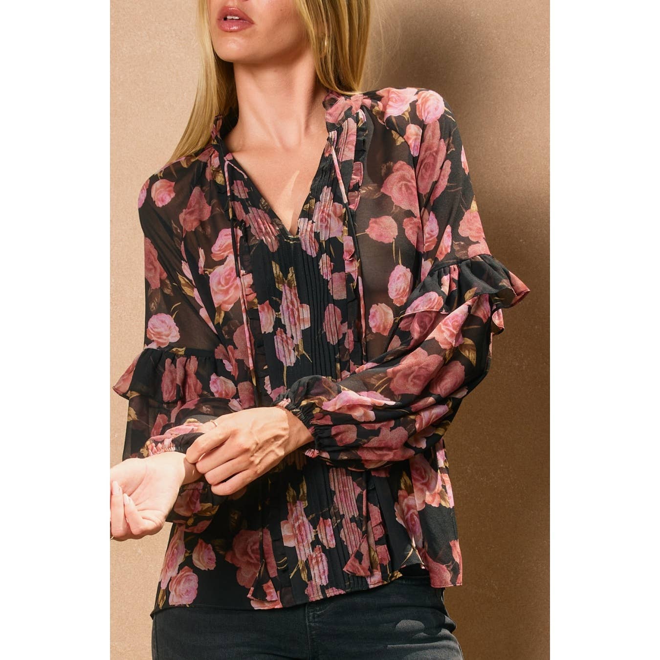 Obsidian Rose Pleated Ruffled Blouse