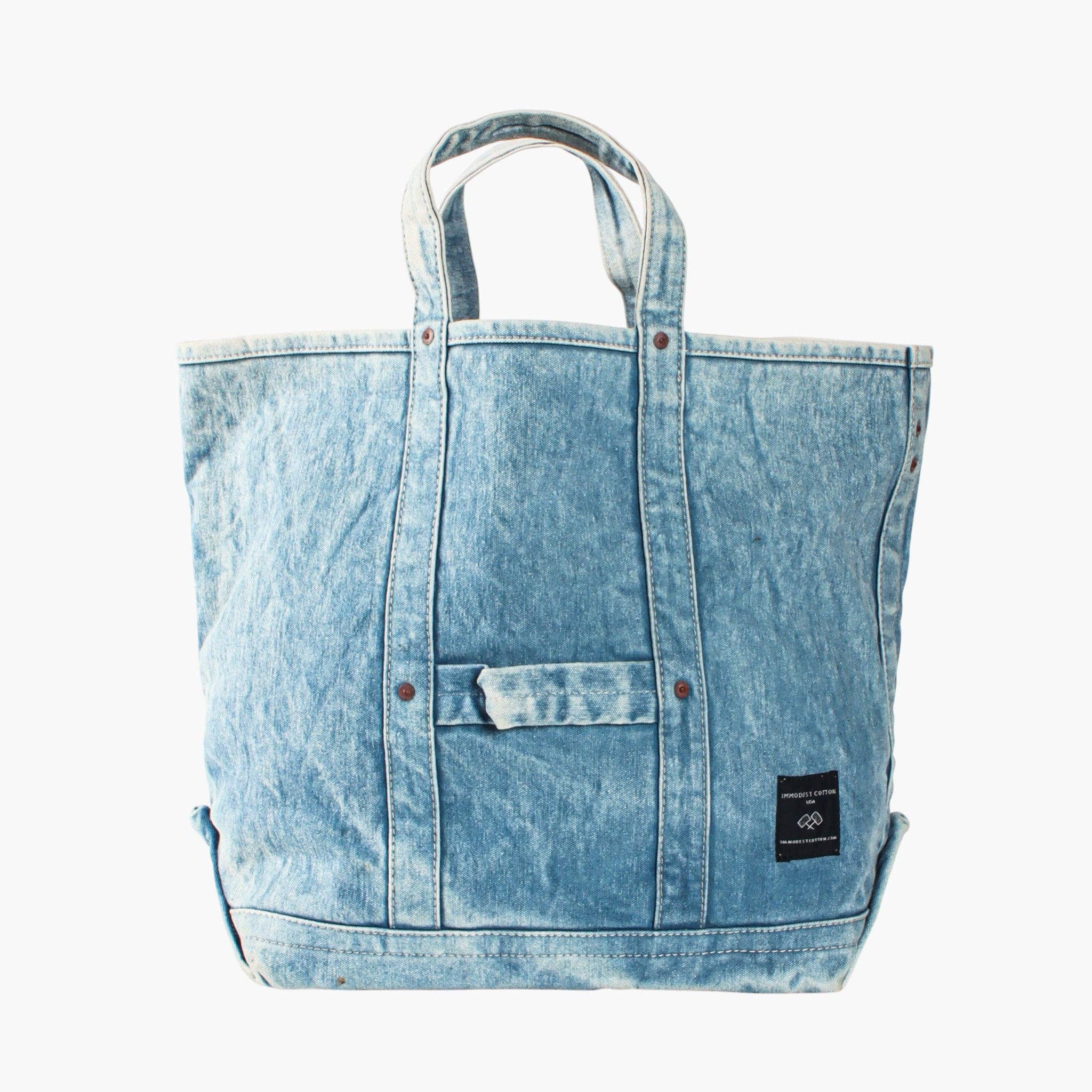 Electrician Tote | Acid Wash in soft denim fabric with sturdy handles and a front patch for everyday stylish use.