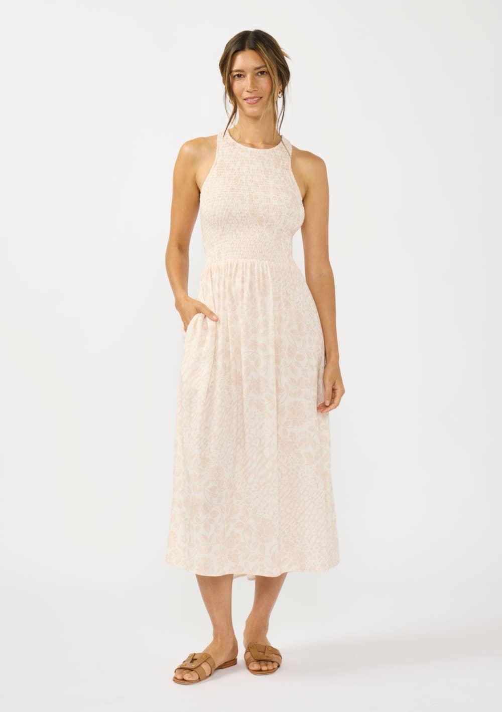 Smocked Bodice Tie Back Midi Dress