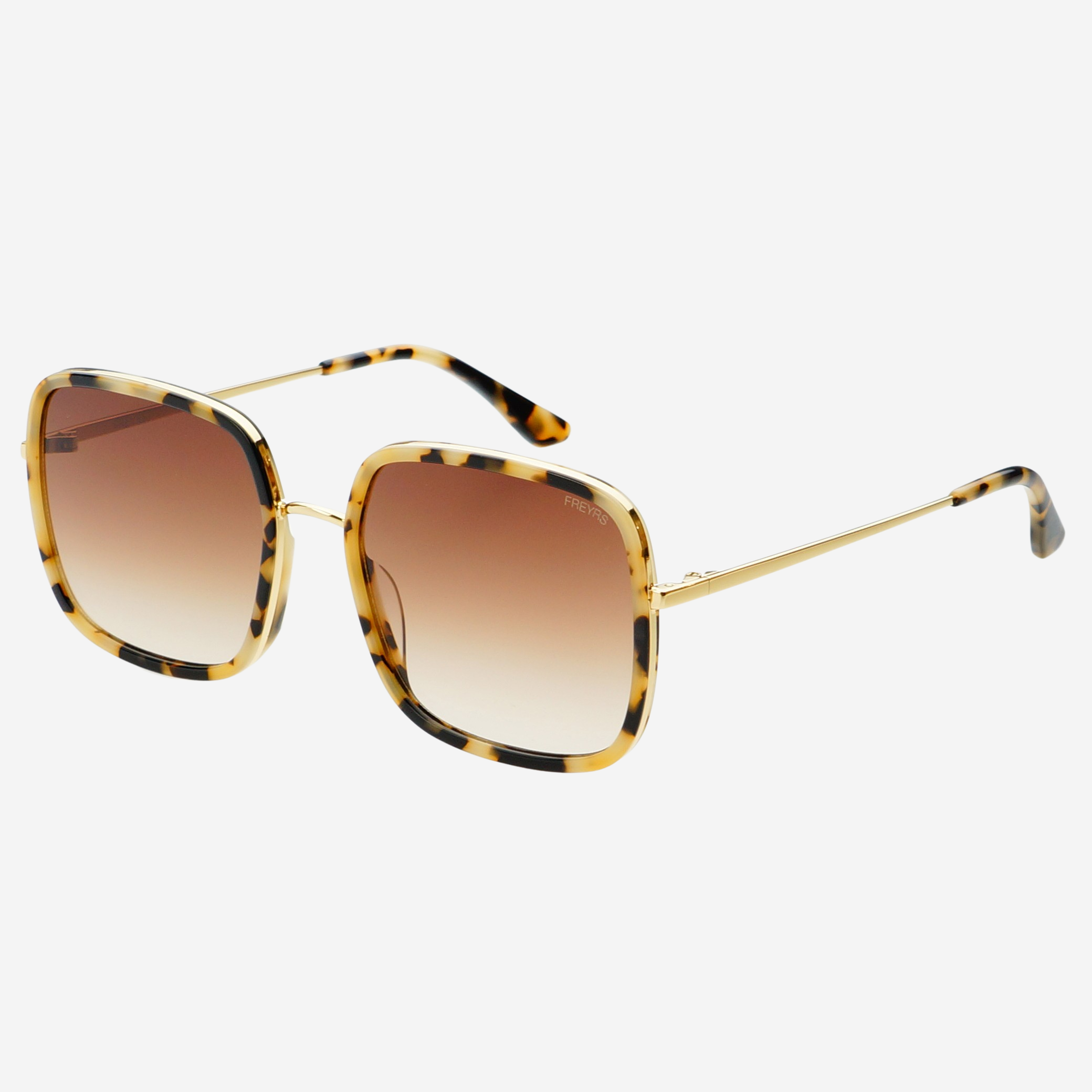 FREYRS Eyewear Cosmo Acetate Womens Square Sunglasses feature handmade tortoiseshell acetate frames, gold metal arms, and brown gradient premium UVA/UVB lenses, shown on a white background.