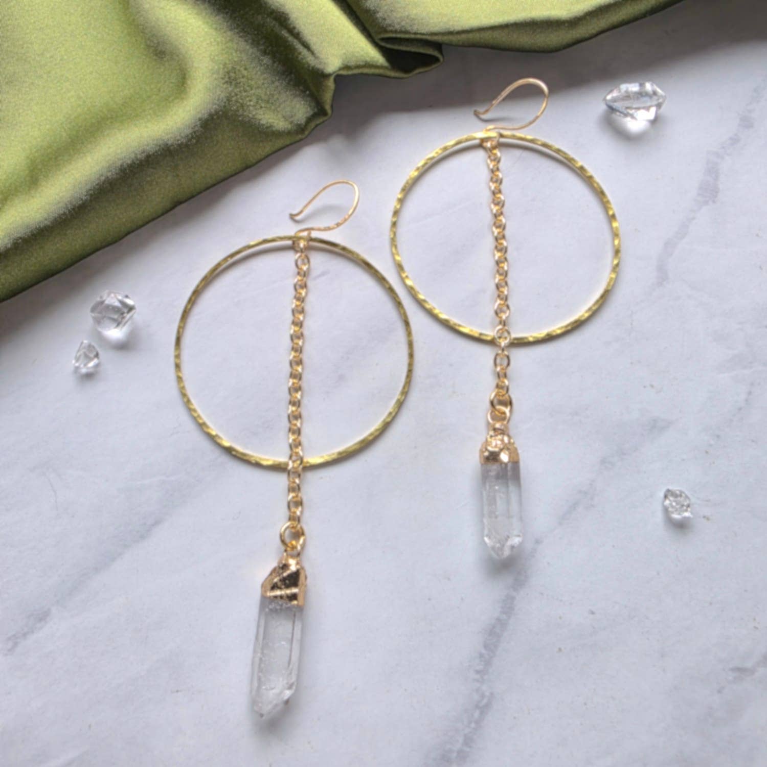 Quartz + Chain Gold Pendulum Hoops