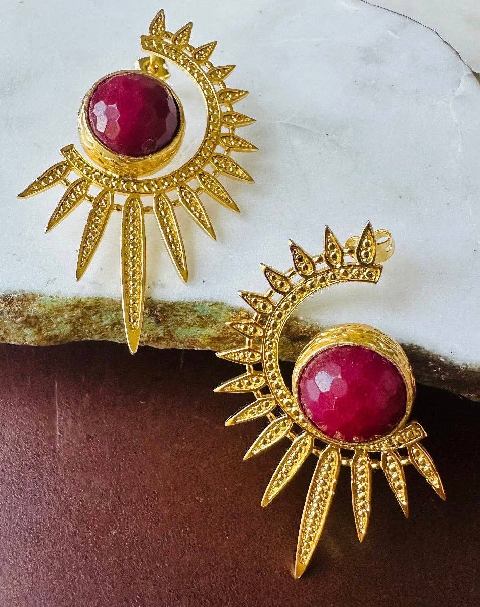 Sabira Ruby Crescent Sunburst Earrings with ruby red stones and gold sunburst detailing