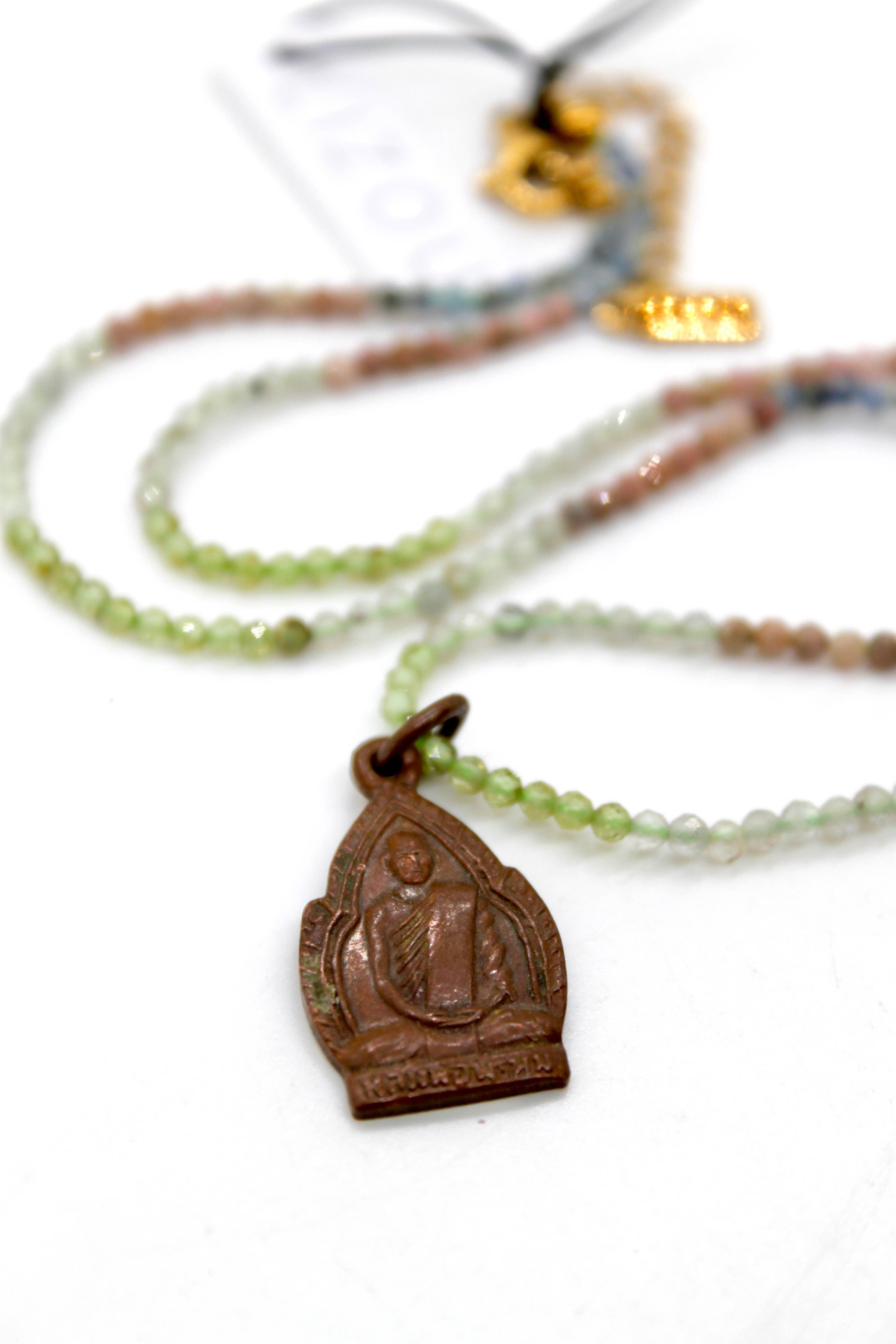 Buddha Necklace 120 - Mini Faceted Semi Precious Stone Necklace with bronze Buddha pendant and pastel beads