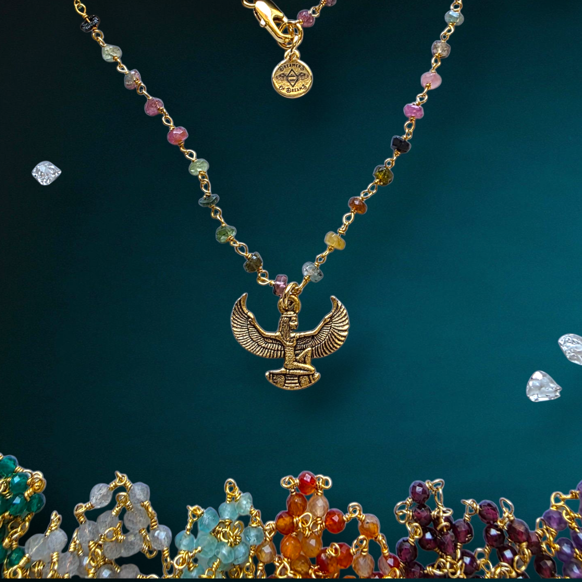Winged Goddess Isis Charm Necklace | Gemstone Rosary