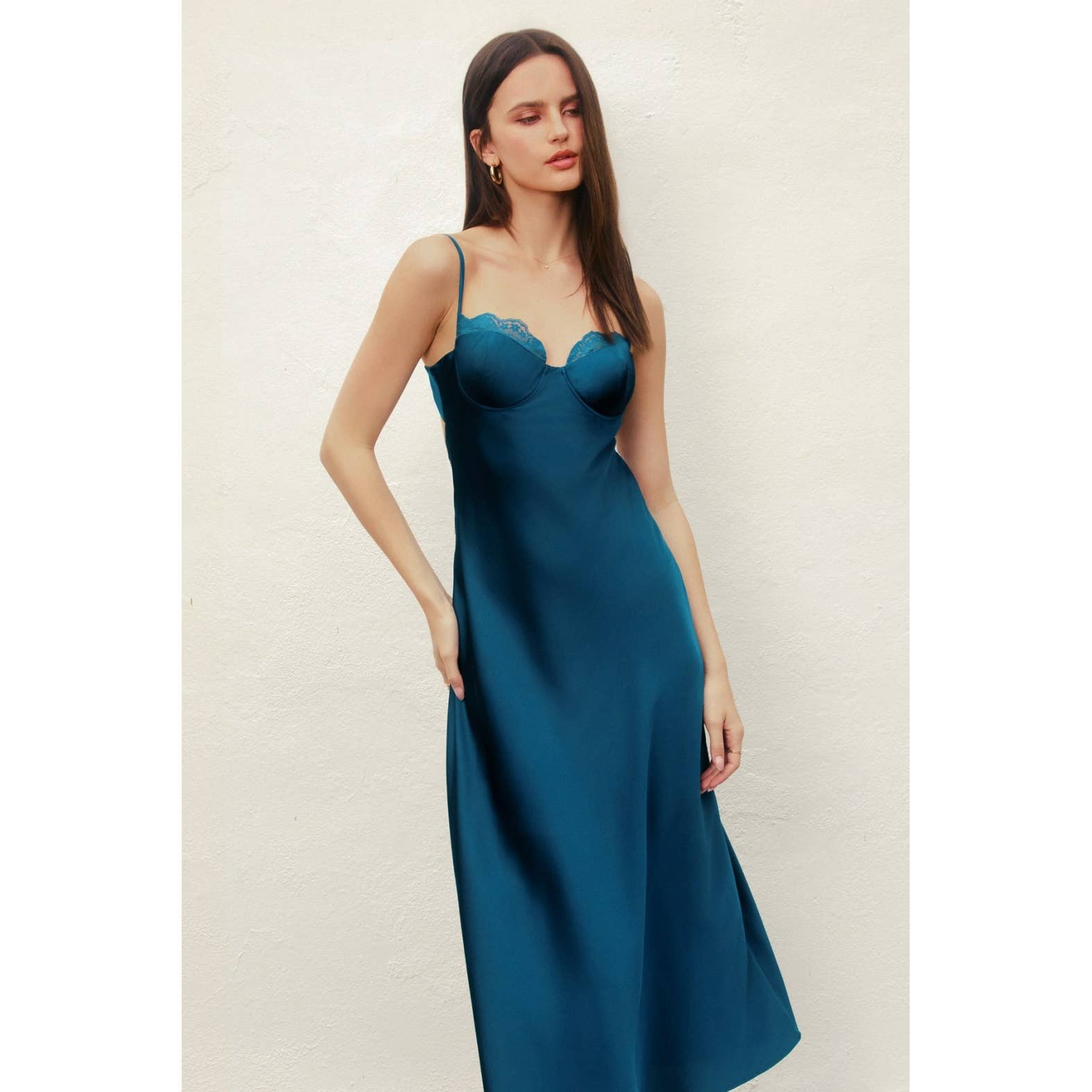 Satin Lace Trim Slip Midi Dress