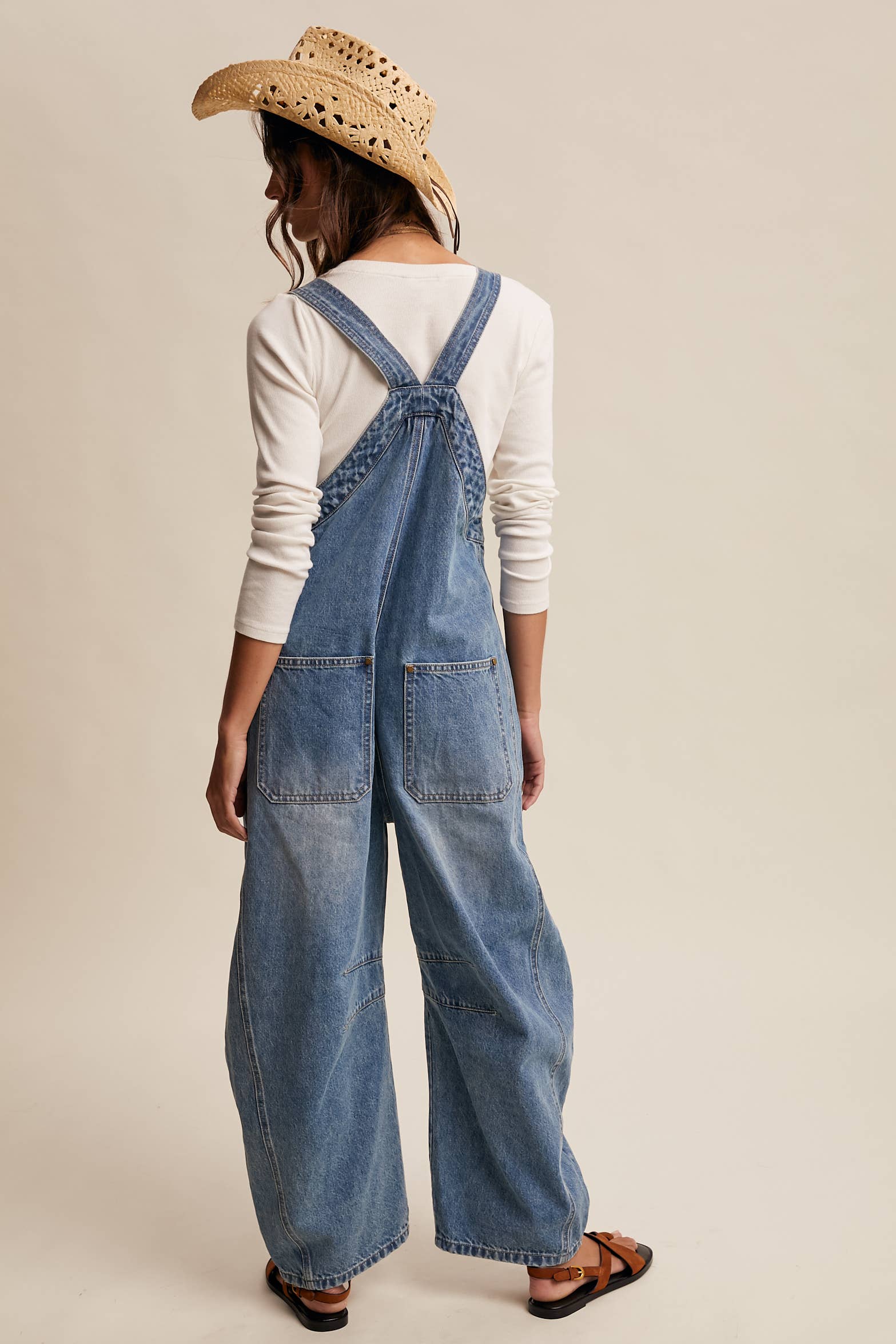 Western Wide-Leg Barrel Denim Overalls