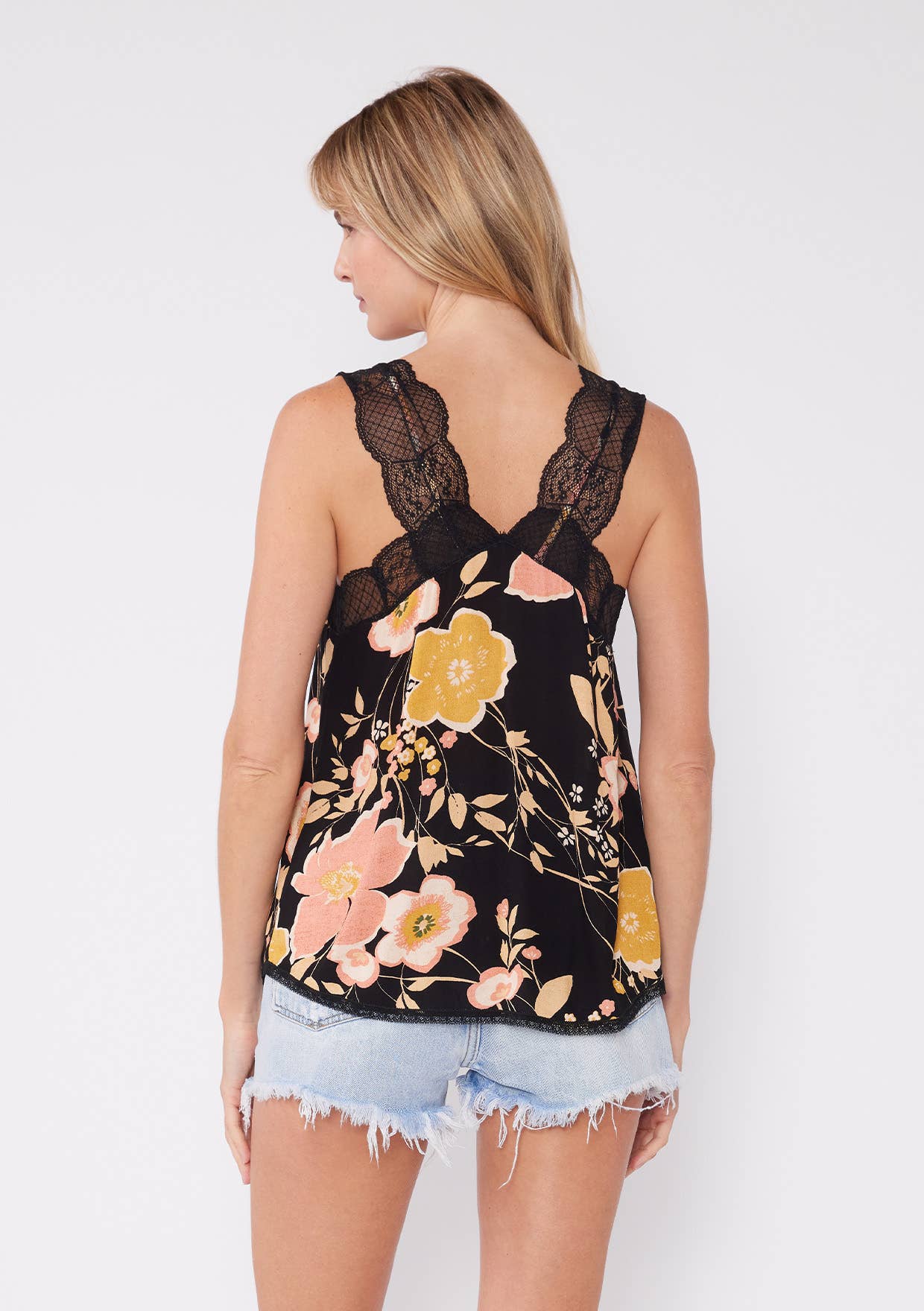 Back view of Floral Scallop Lace Trim V Neck Tank Top with black lace straps and pink and yellow floral print