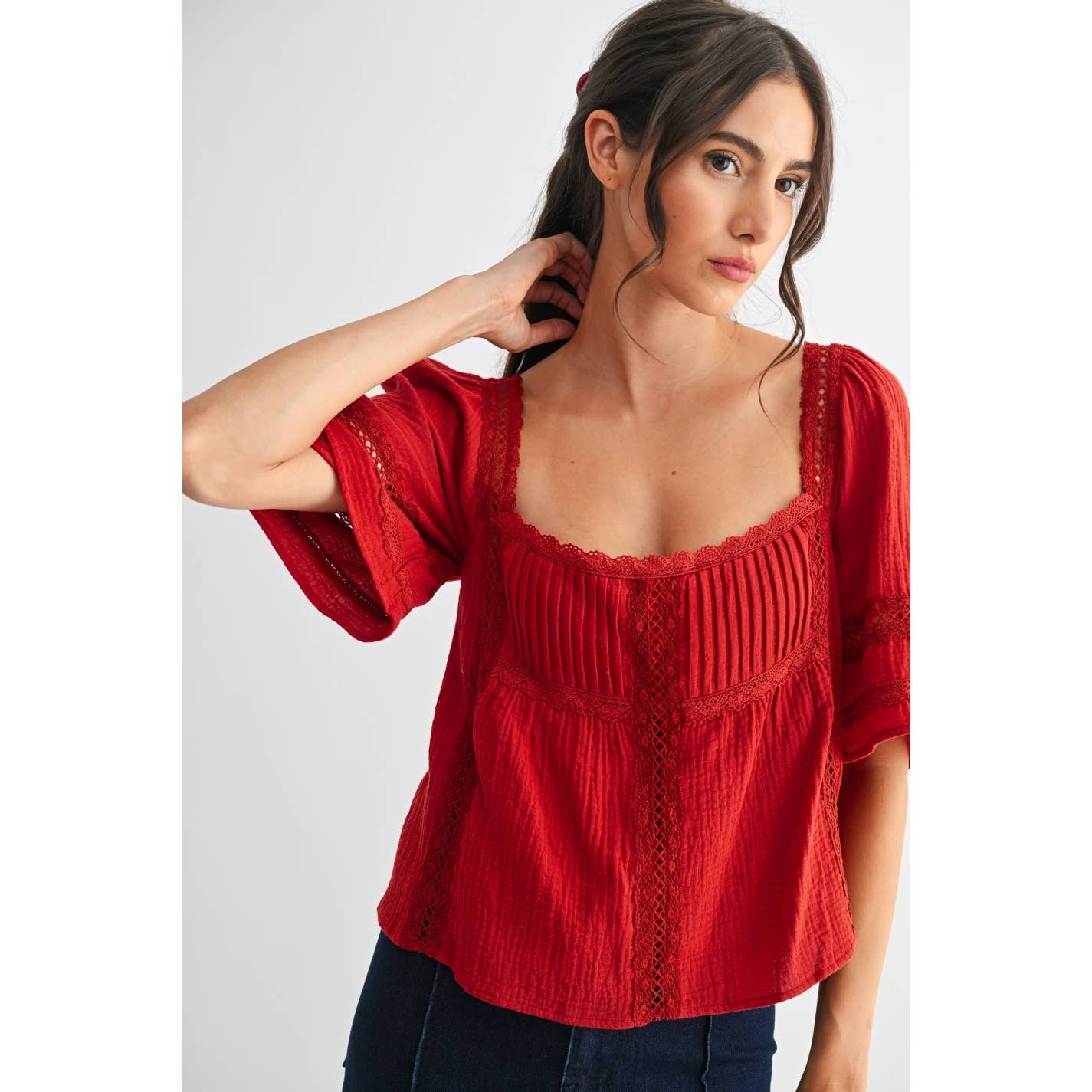 SCARLET LACE-TRIMMED RED BLOUSE