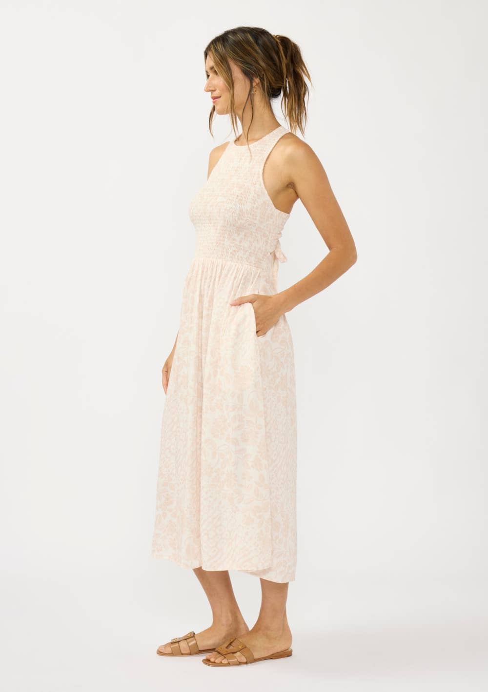 Smocked Bodice Tie Back Midi Dress