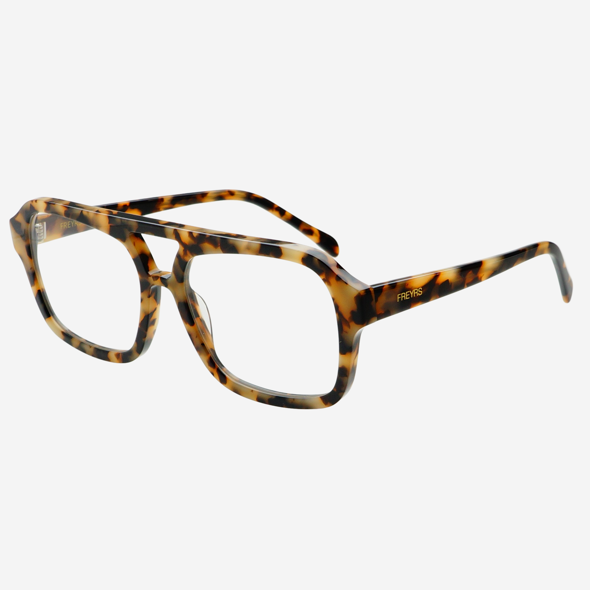 FREYRS Eyewear Havana Blue Light Readers are rectangular eyeglasses with thick tortoiseshell-patterned brown and yellow premium acetate frames, clear impact-resistant lenses, and slightly angled arms.