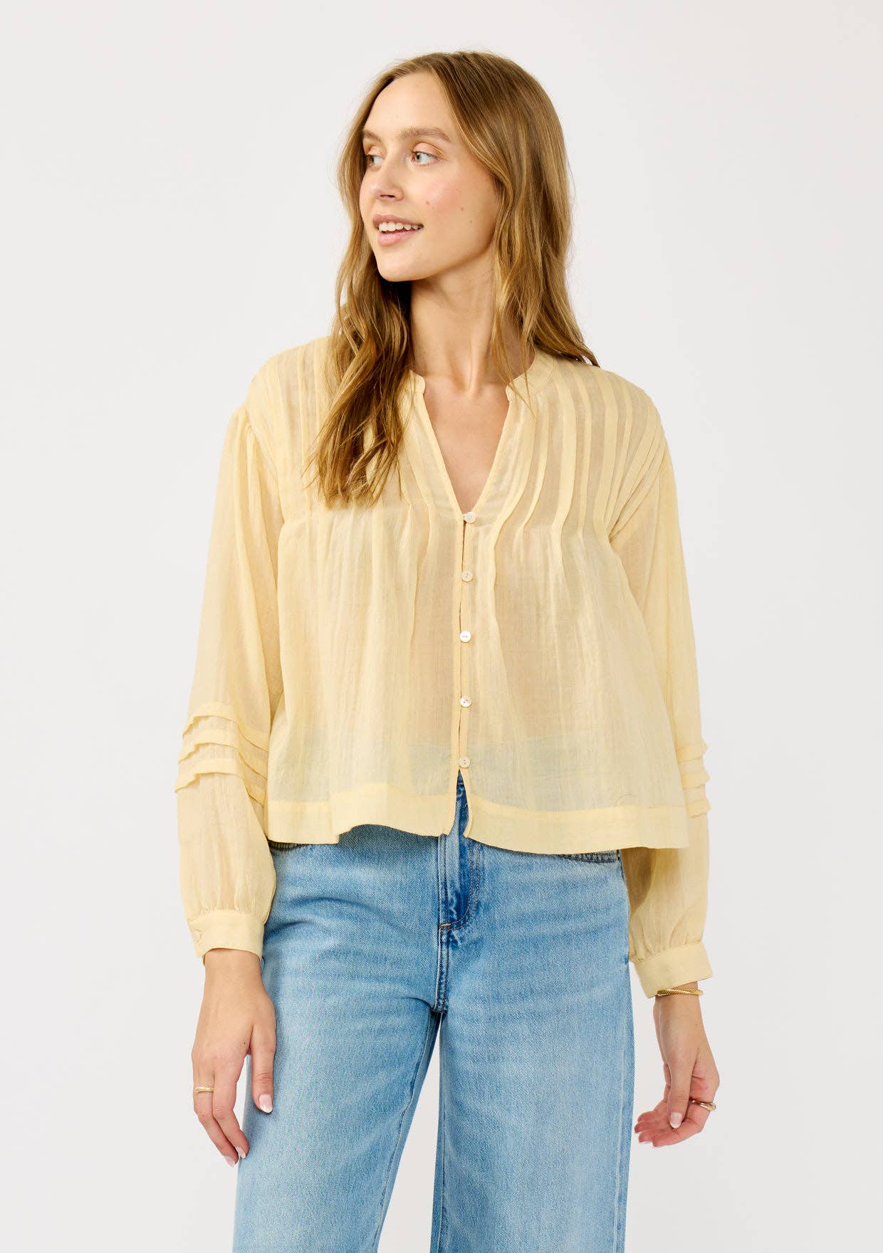 Pintuck Pleated Button-Down Blouse: BLACK / L