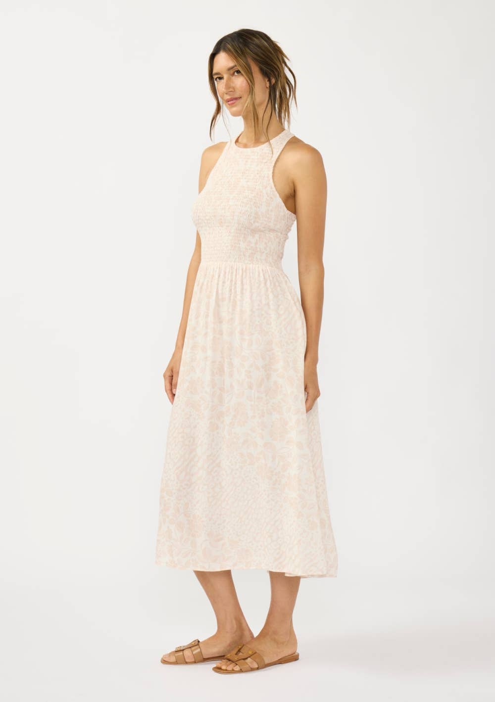 Smocked Bodice Tie Back Midi Dress