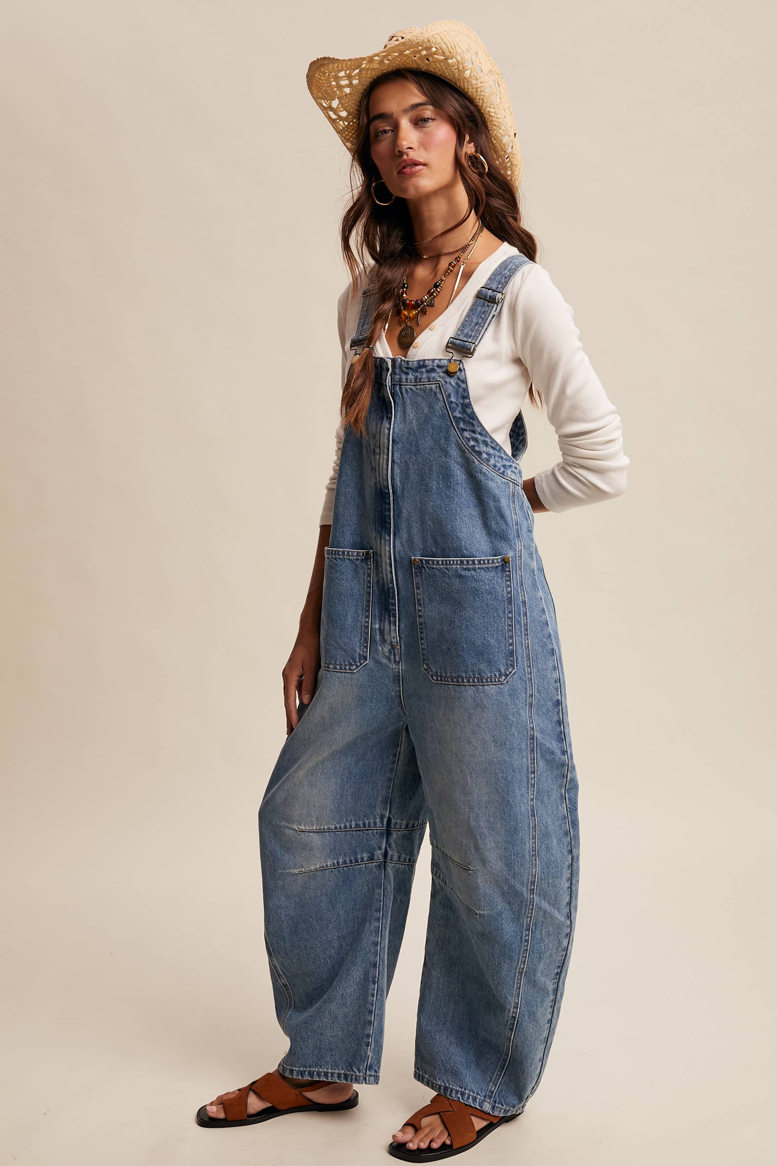 Western Wide-Leg Barrel Denim Overalls