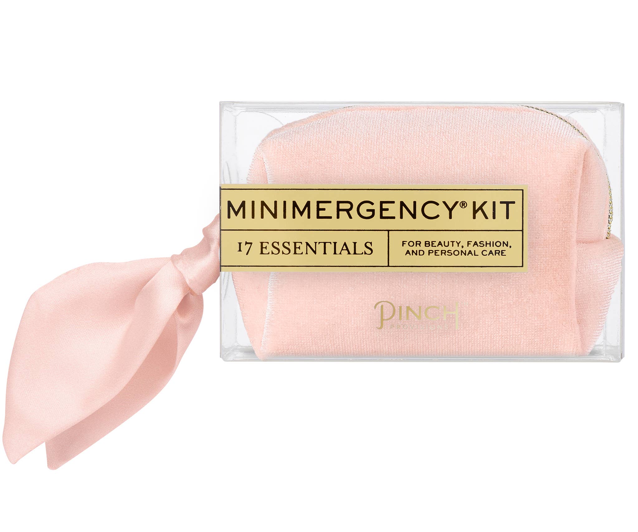 Velvet Scarf Minimergency Kit in soft pink with 17 beauty and personal care essentials in clear packaging