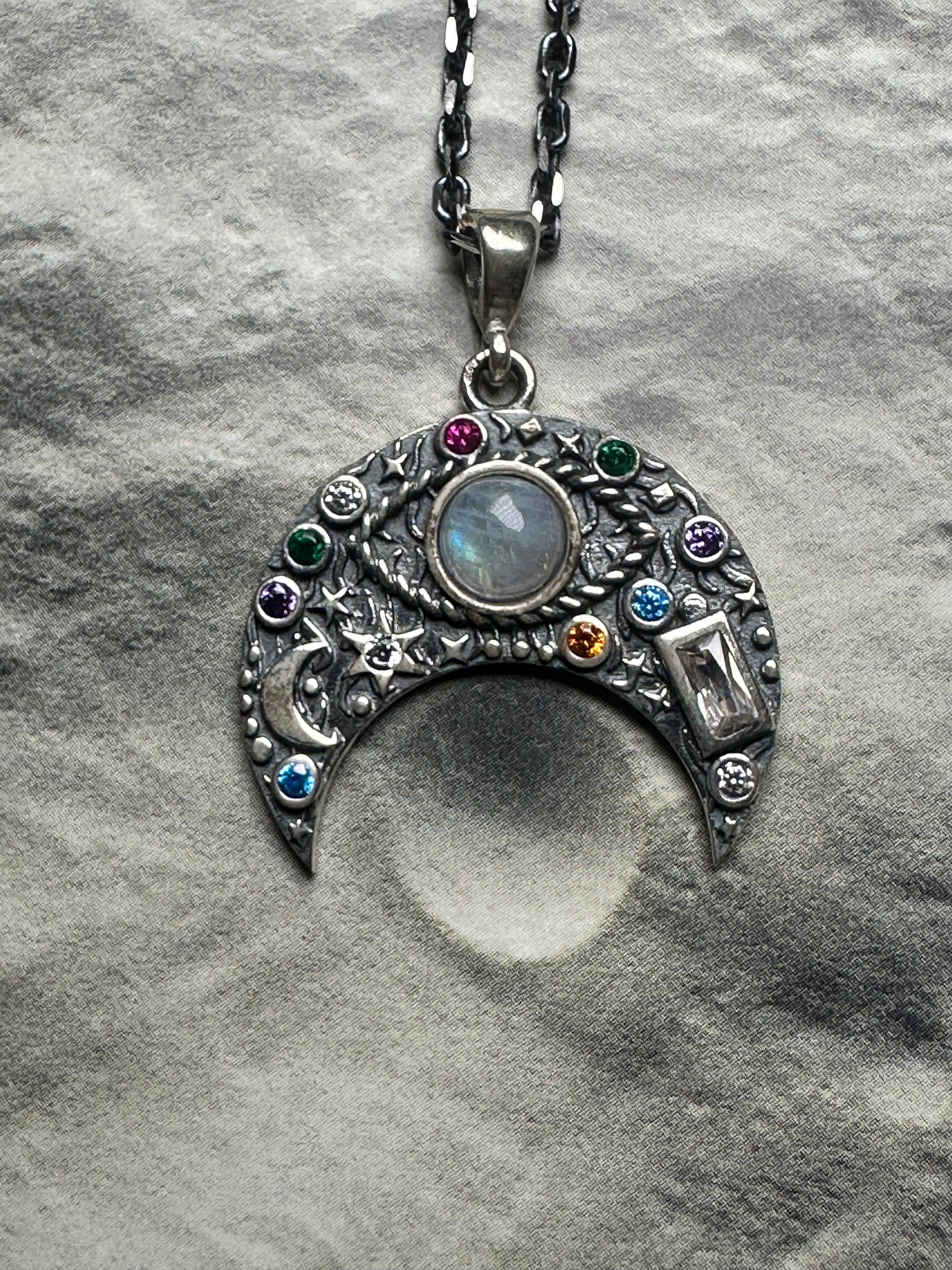 CRESCENT MOON MOONSTONE Evil Eye Sterling Silver Necklace