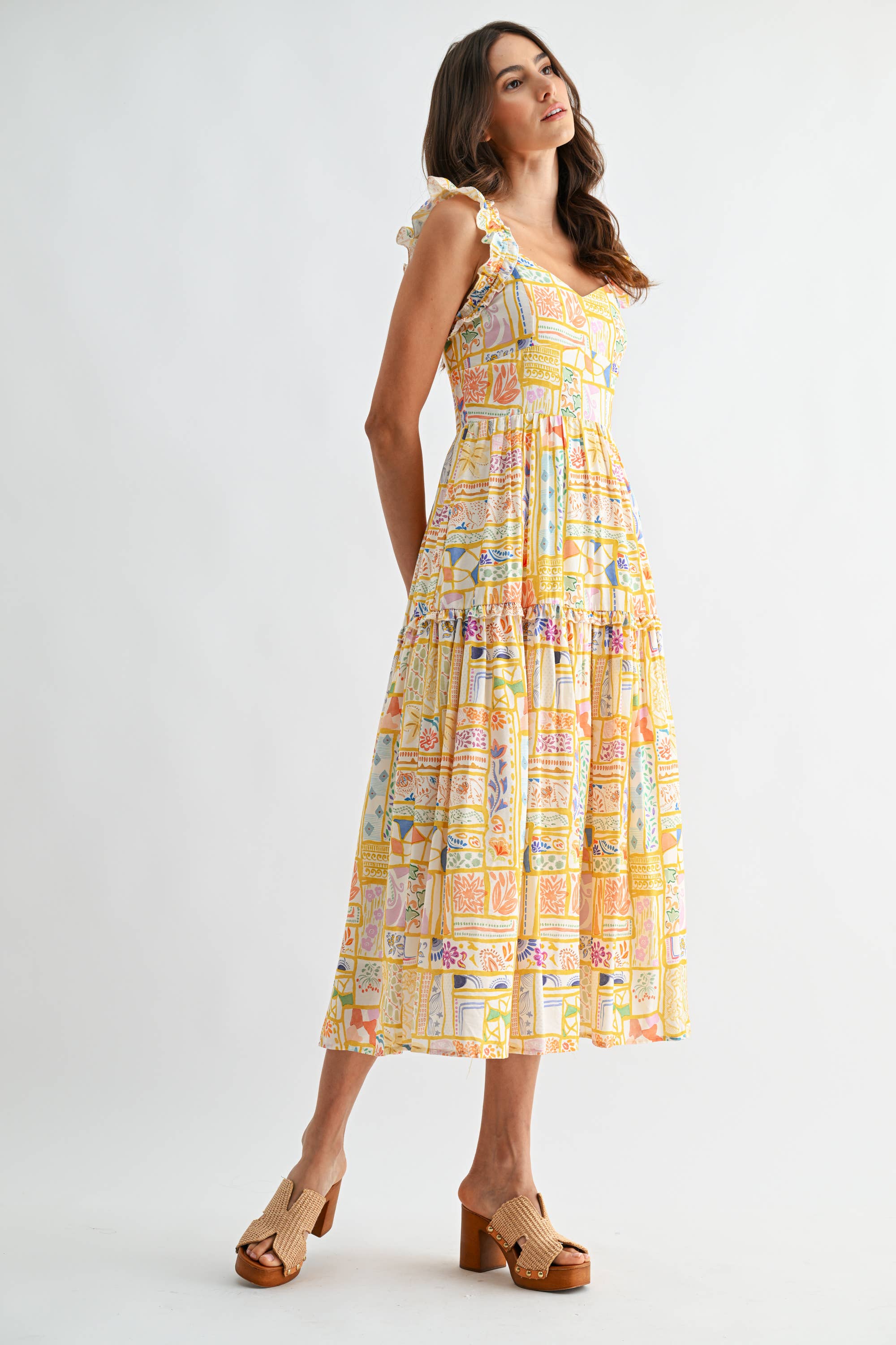 Patchwork Print Ruffle Strap Midi Dress
