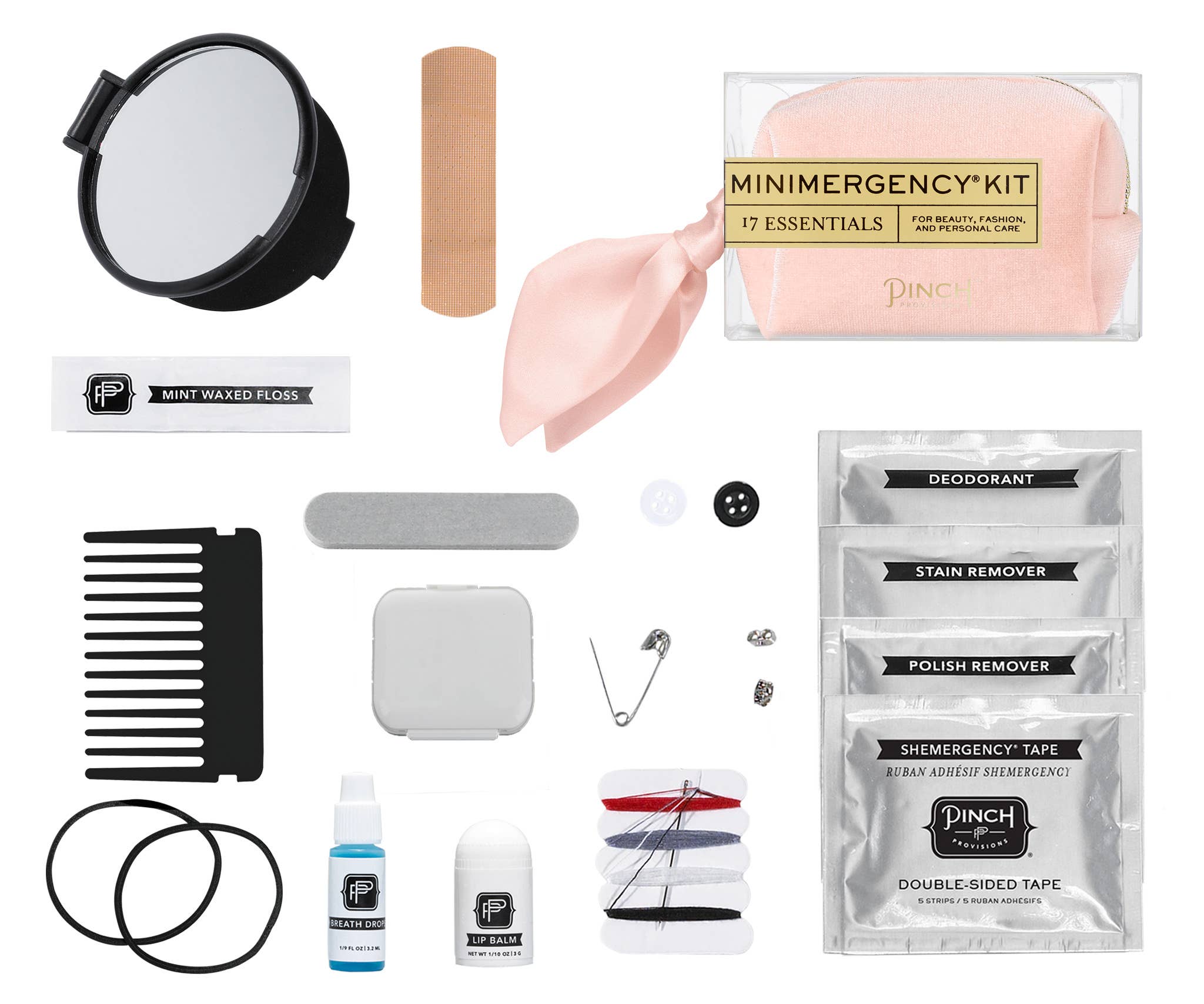 Velvet Scarf Minimergency Kit with beauty essentials including mirror, floss, comb, tapes, balm, and sewing tools in pink pouch