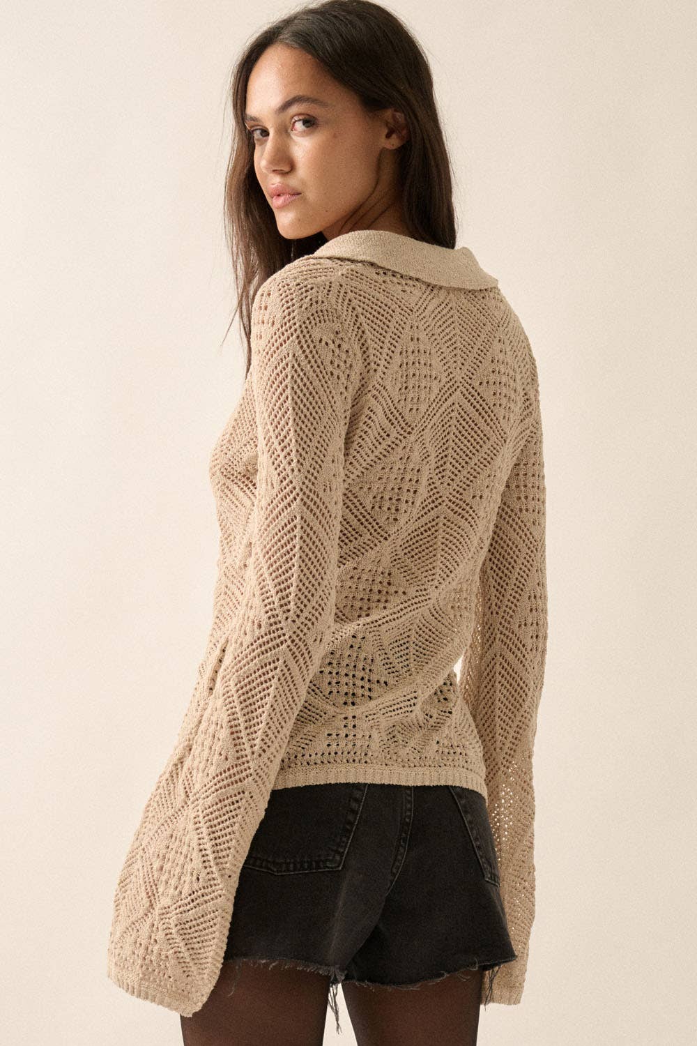 Solid Geometric-Pointelle Bell-Sleeve Cardigan