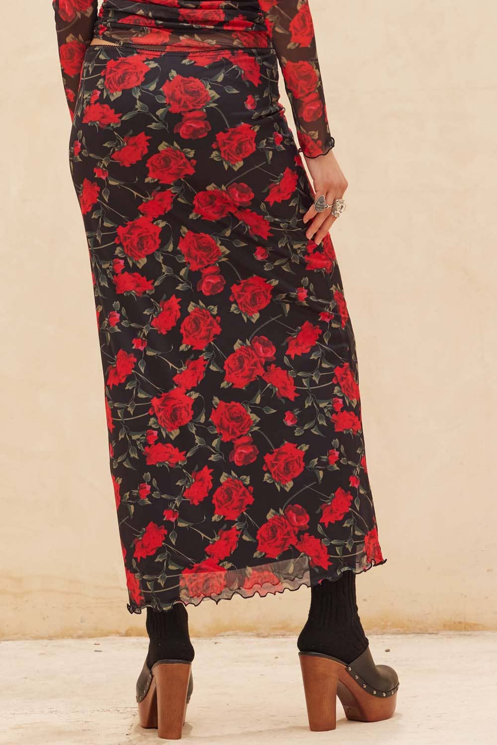 Floral-Print Mesh Straight Maxi Skirt