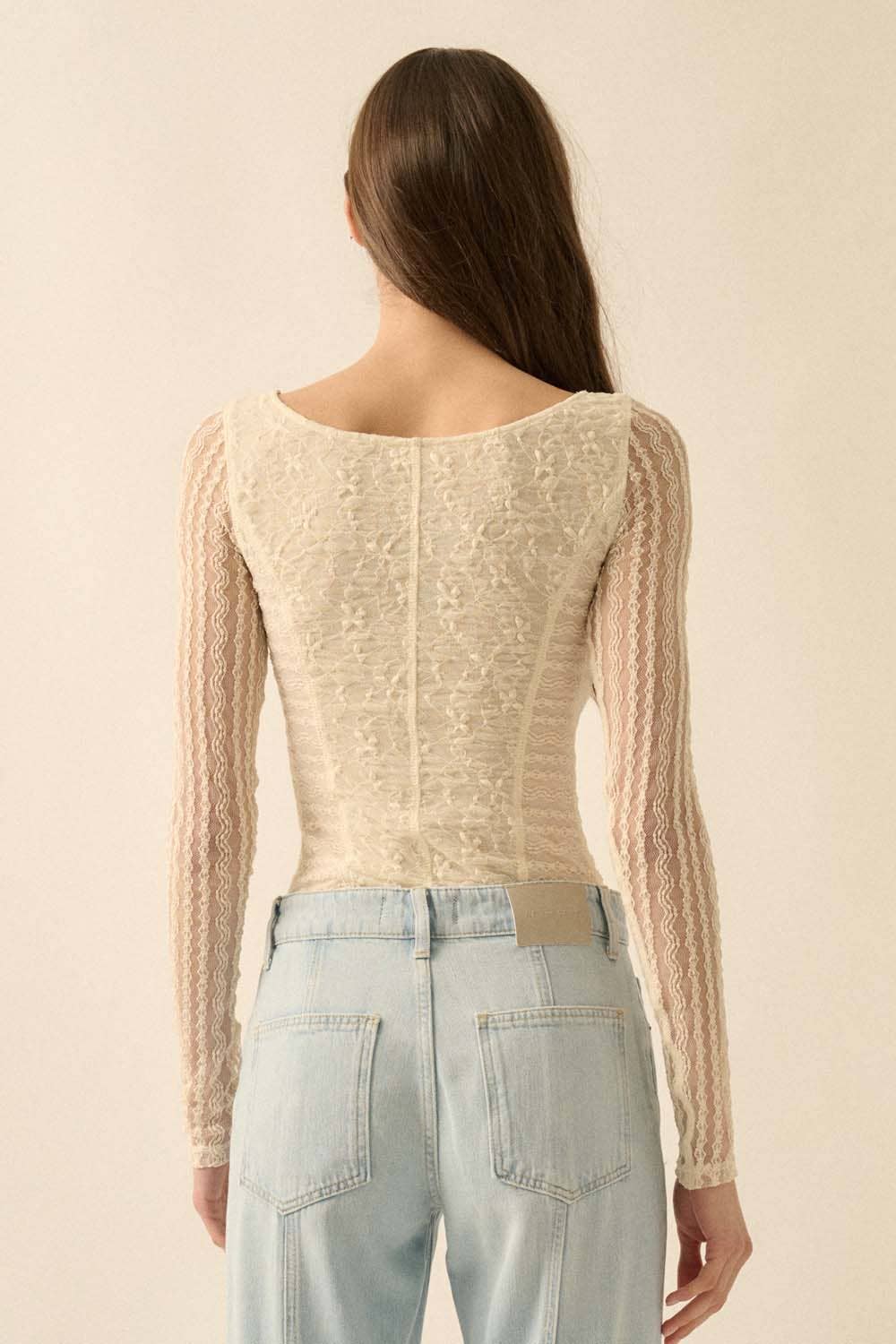 Floral and Striped Lace Boat-Neck Bodysuit in Black or Cream