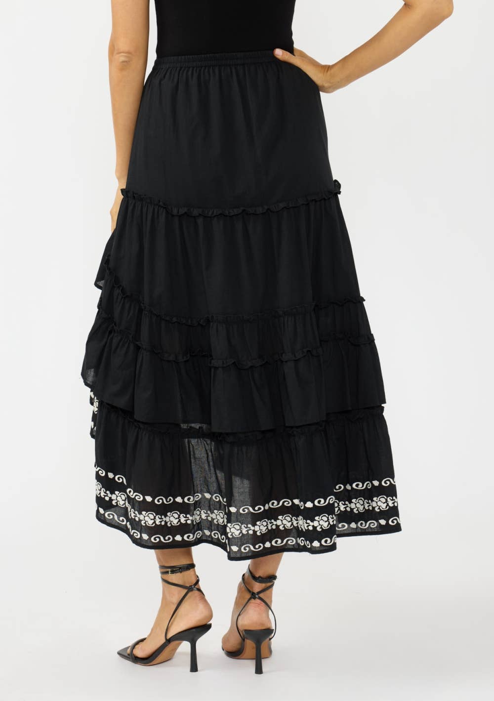 Hi-Lo Tiered Ruffle Maxi Skirt with Border Embroidery