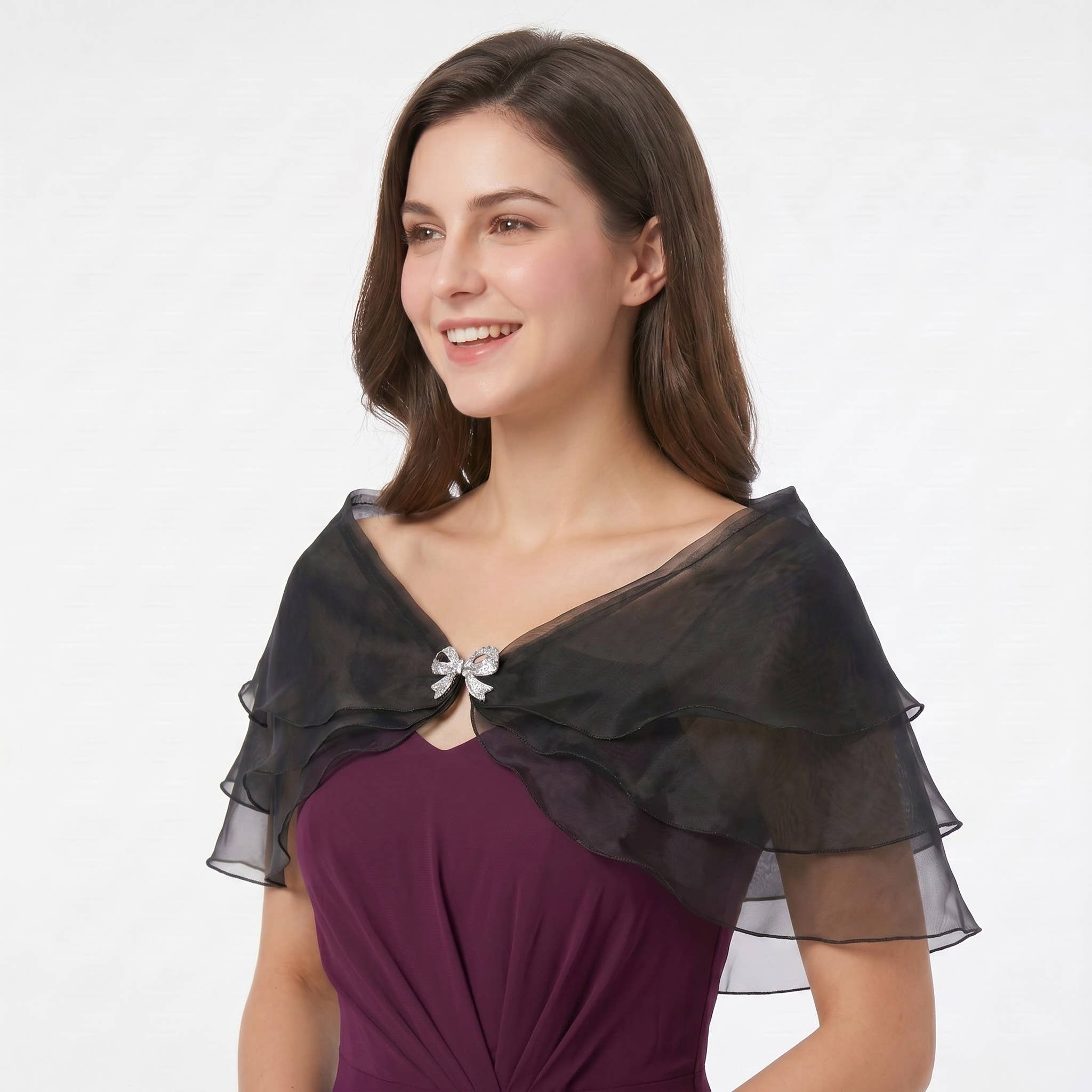 Sheer Organza Shoulder Shawl with Layered Ruffle Trim and Elegant Off-Shoulder Drape 14IN