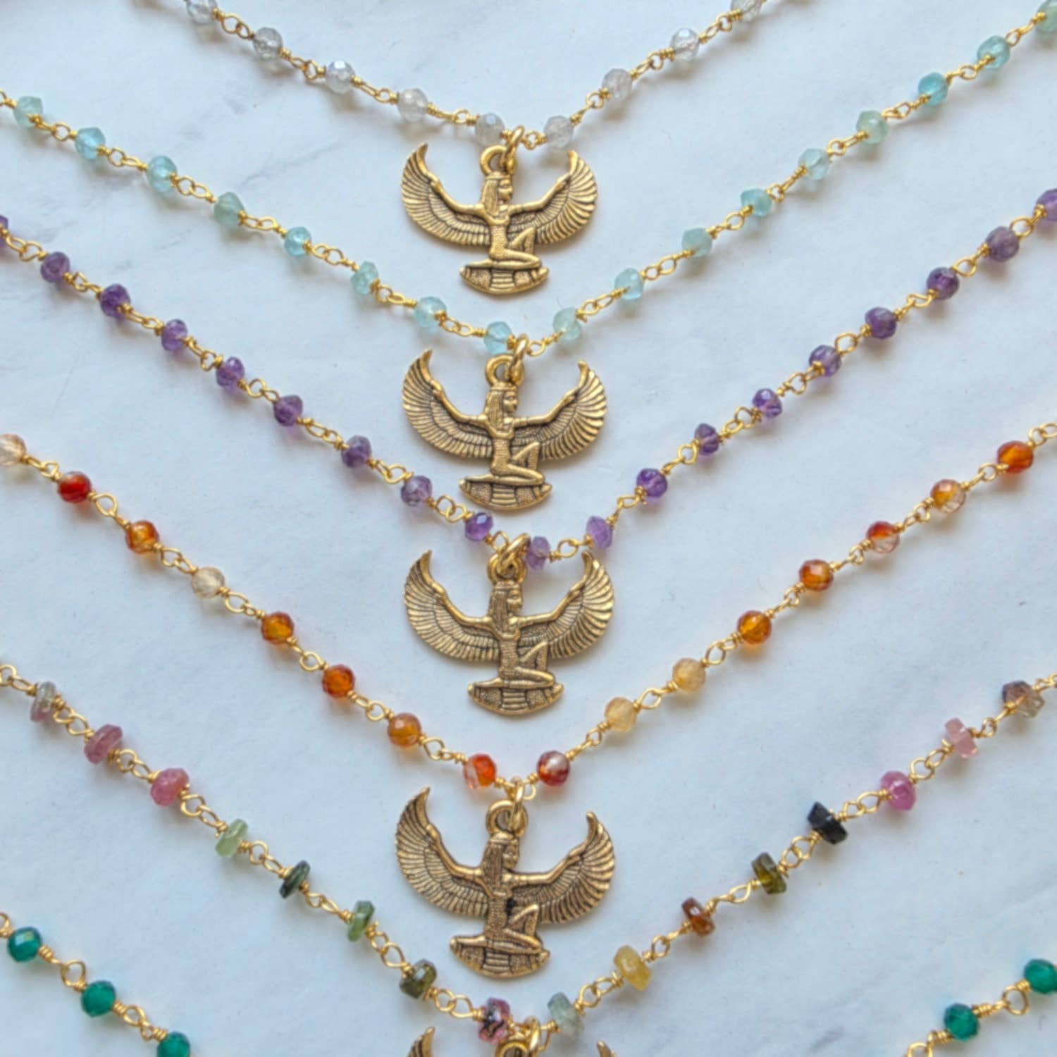 Winged Goddess Isis Charm Necklace | Gemstone Rosary
