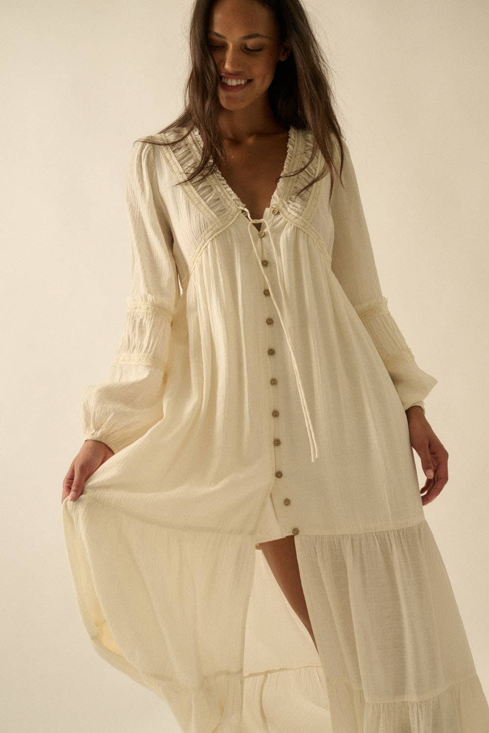 Tonal-Stripe Lace-Trim Button-Front Maxi Dress