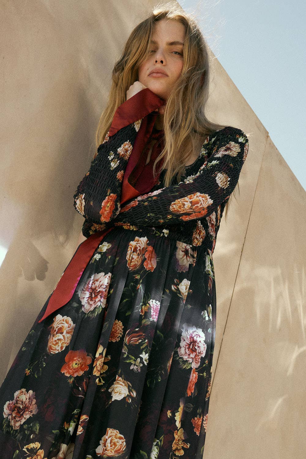 Floral-Print Mesh Smocked Long-Sleeve Maxi Dress
