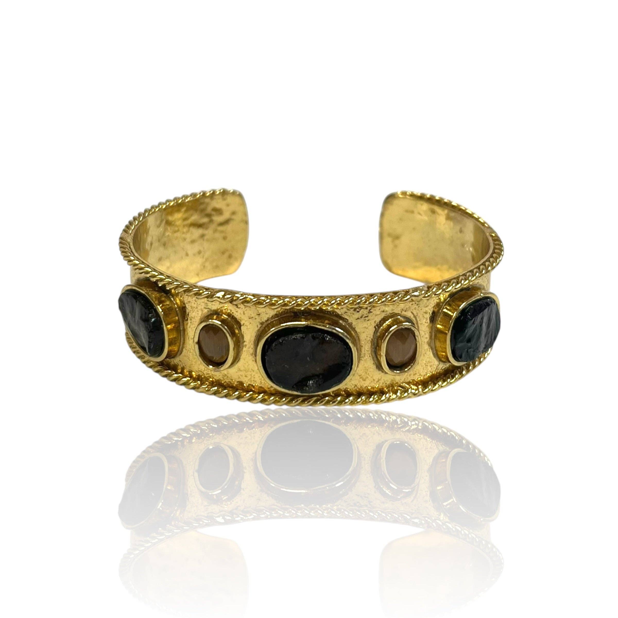 Smoky Quartz Gem Cuff with polished dark smoky quartz stones set in textured gold-tone metal band