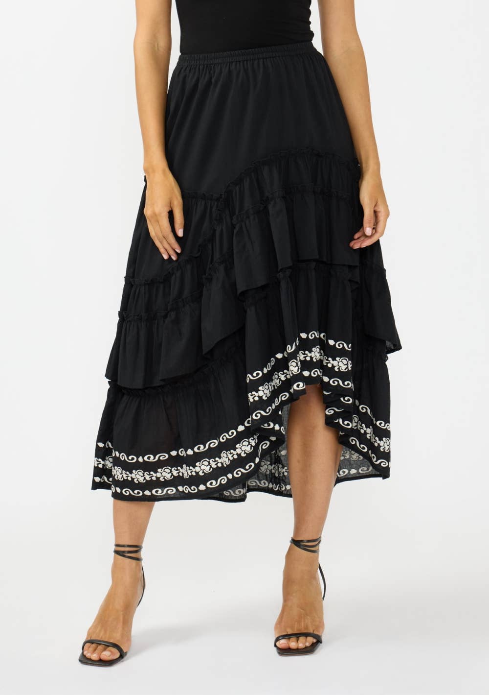 Hi-Lo Tiered Ruffle Maxi Skirt with Border Embroidery